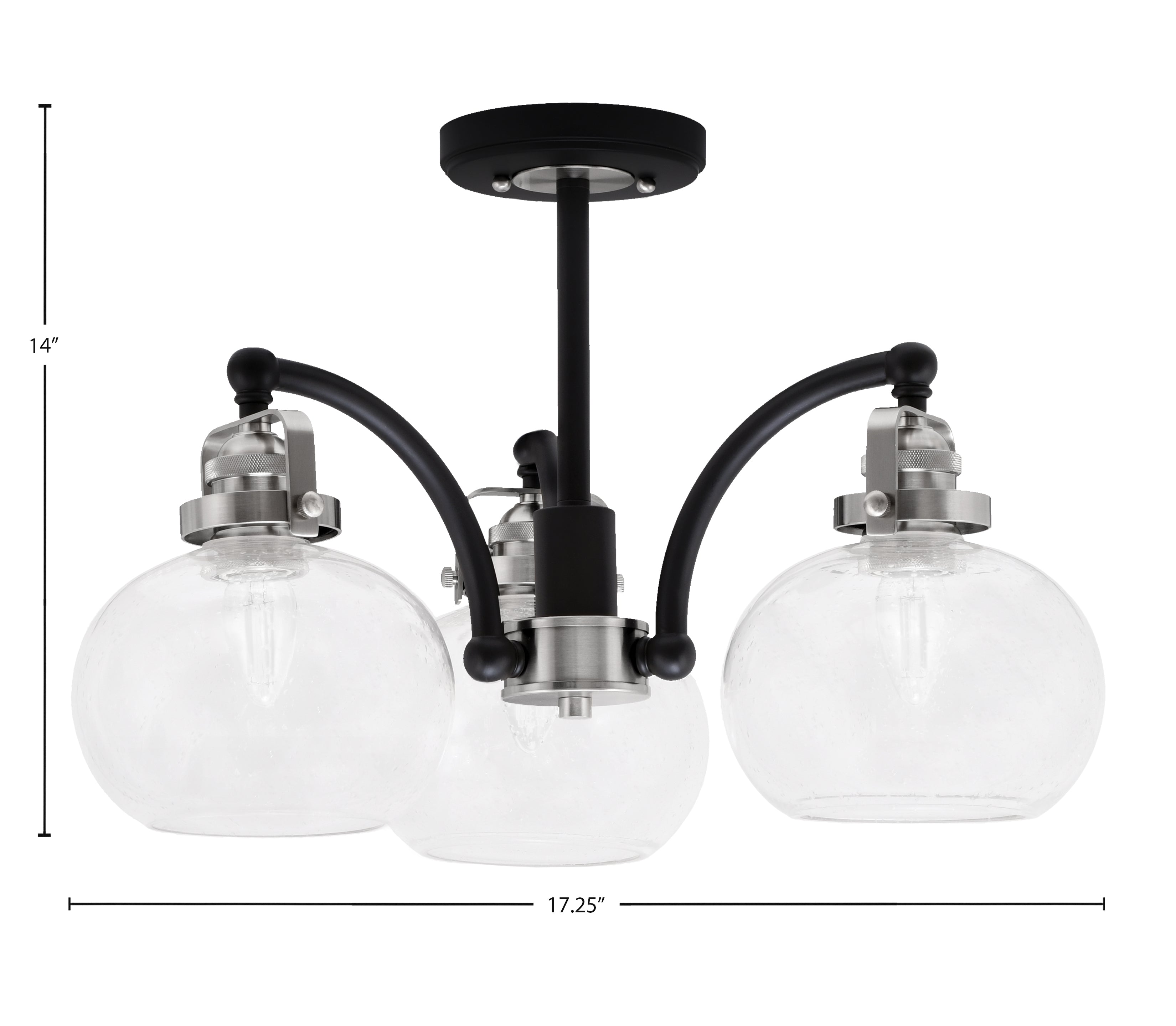 Easton Three Light Semi-Flush Mount in Matte Black & Brushed Nickel with 7" Clear Bubble Shade