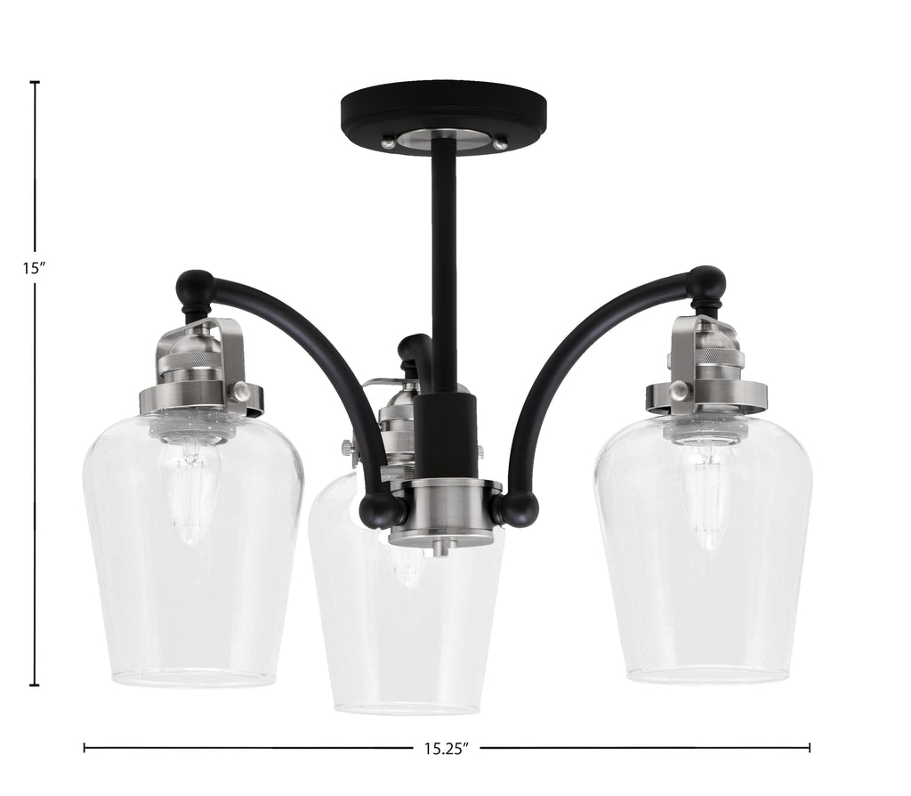 Easton Three Light Semi-Flush Mount in Matte Black & Brushed Nickel with 5" Clear Bubble Shade