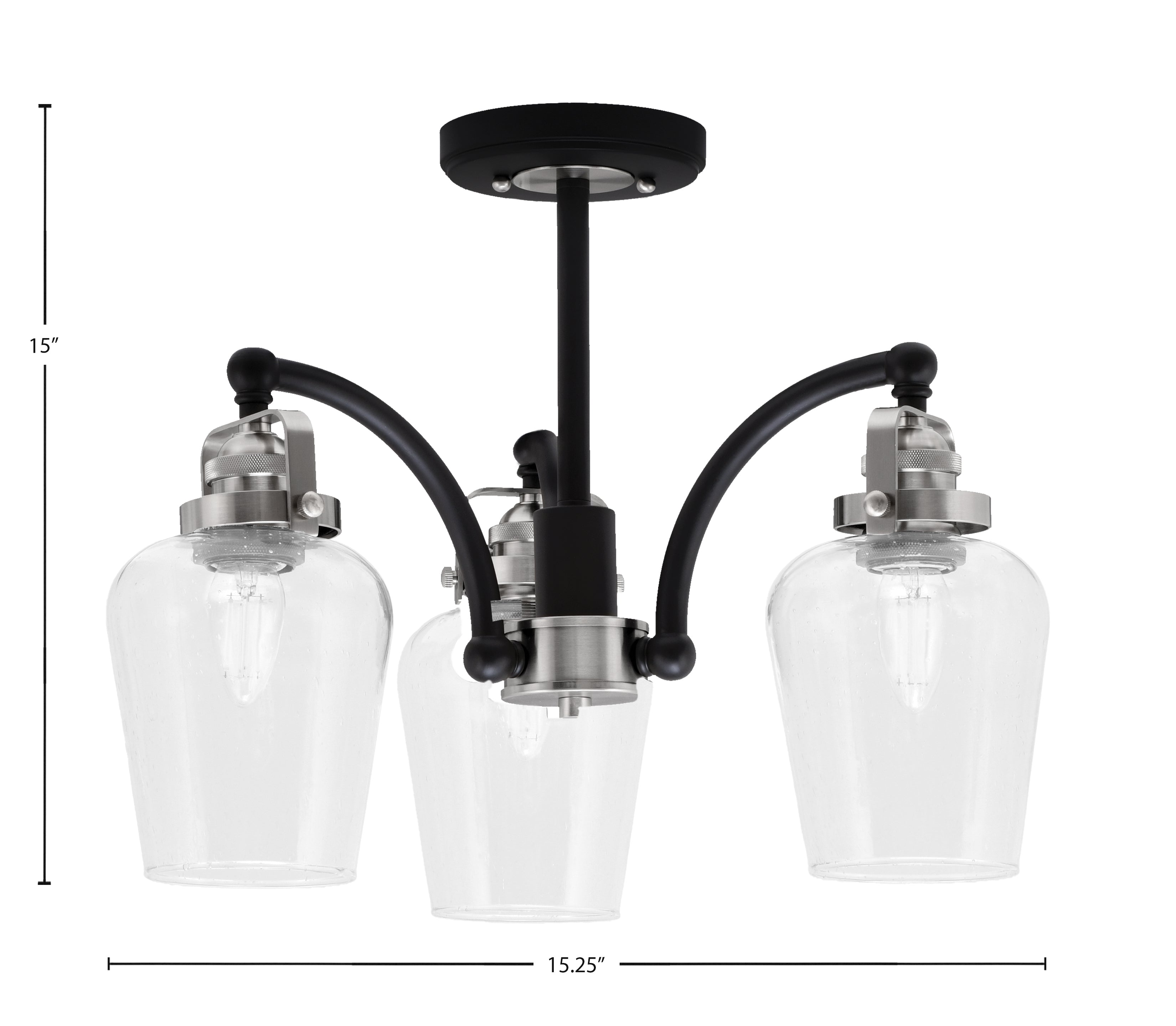Easton Three Light Semi-Flush Mount in Matte Black & Brushed Nickel with 5" Clear Bubble Shade