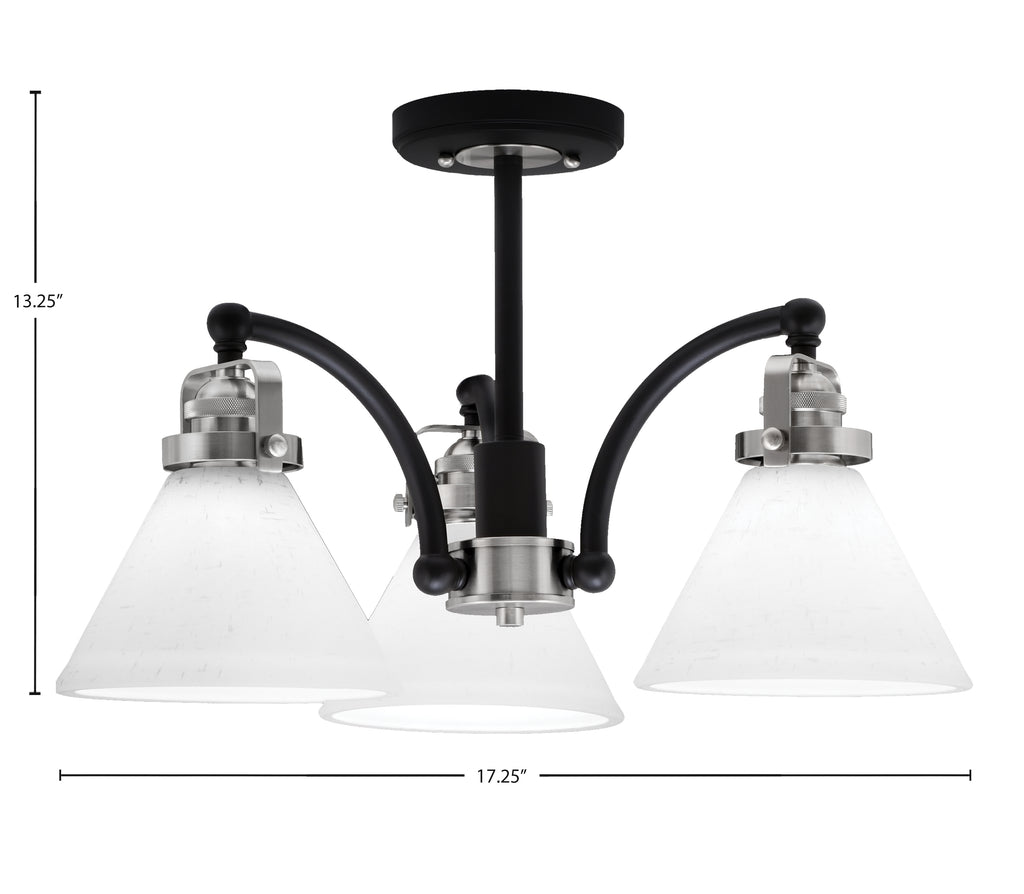 Easton Three Light Semi-Flush Mount in Matte Black & Brushed Nickel with 7" White Muslin Shade