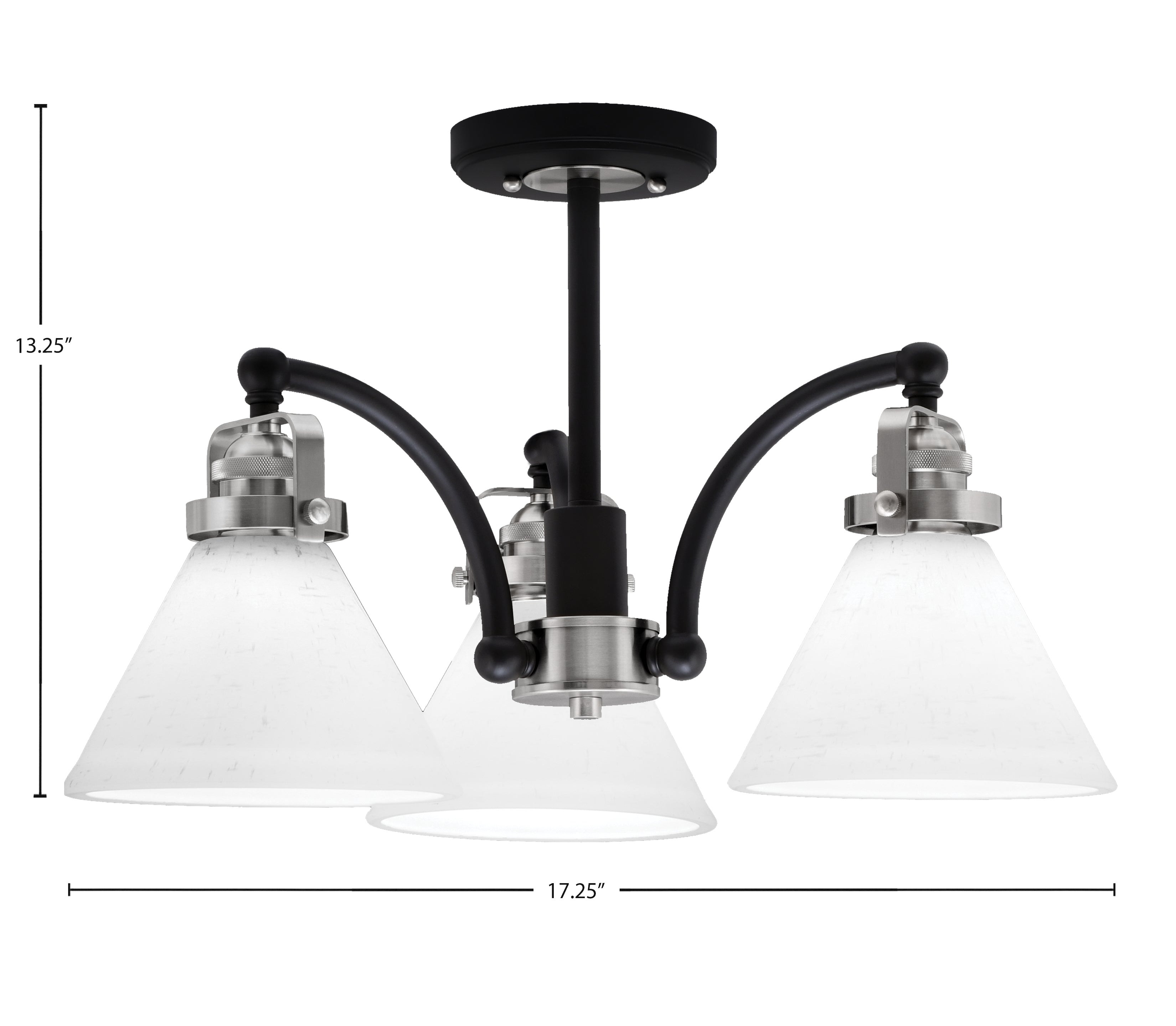 Easton Three Light Semi-Flush Mount in Matte Black & Brushed Nickel with 7" White Muslin Shade