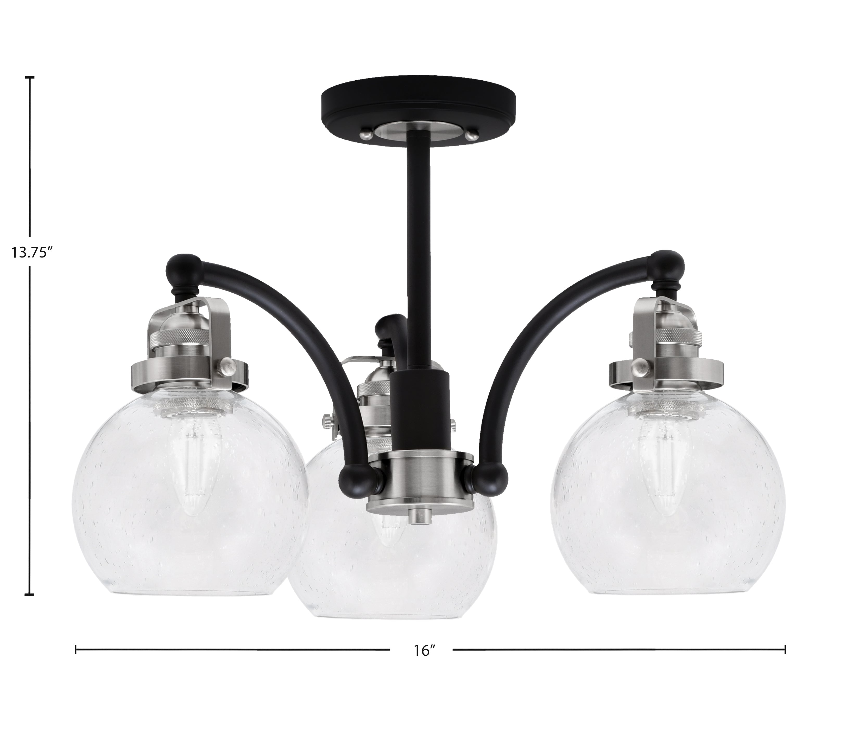 Easton Three Light Semi-Flush Mount in Matte Black & Brushed Nickel with 75" Clear Bubble Shade