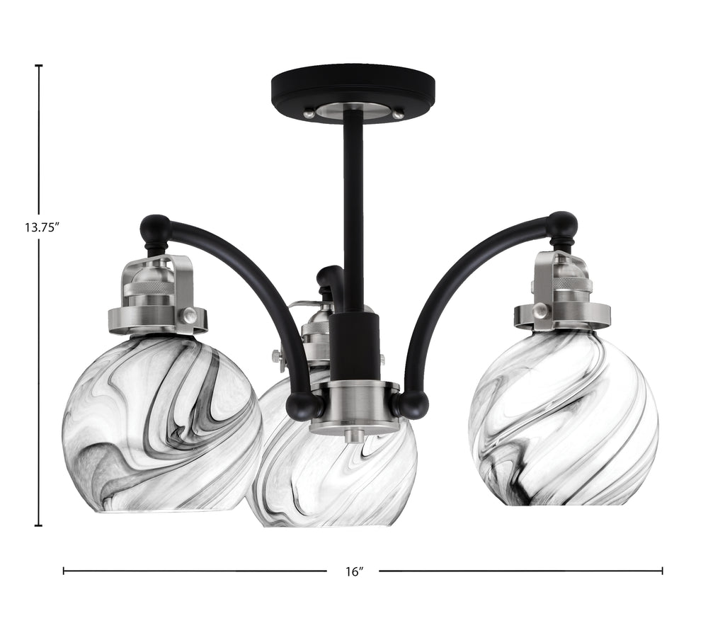 Easton Three Light Semi-Flush Mount in Matte Black & Brushed Nickel with 75" Onyx Swirl Shade