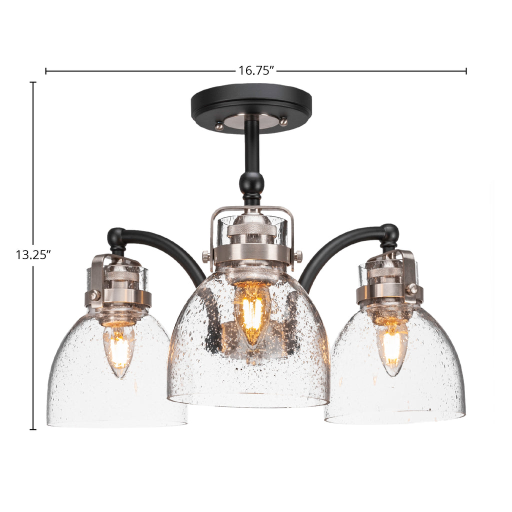 Easton Three Light Semi-Flush Mount in Matte Black & Brushed Nickel with 6" Clear Bubble Shade