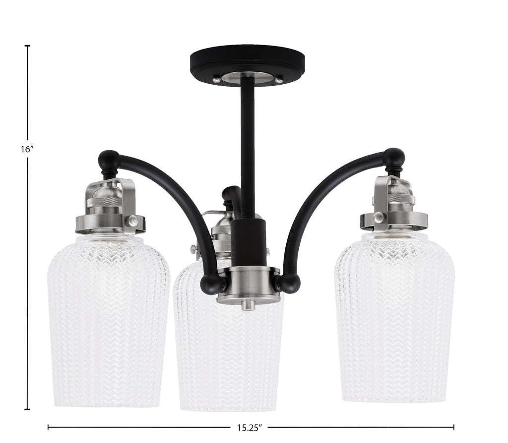 Easton Three Light Semi-Flush Mount in Matte Black & Brushed Nickel with 5" Clear Textured Shade