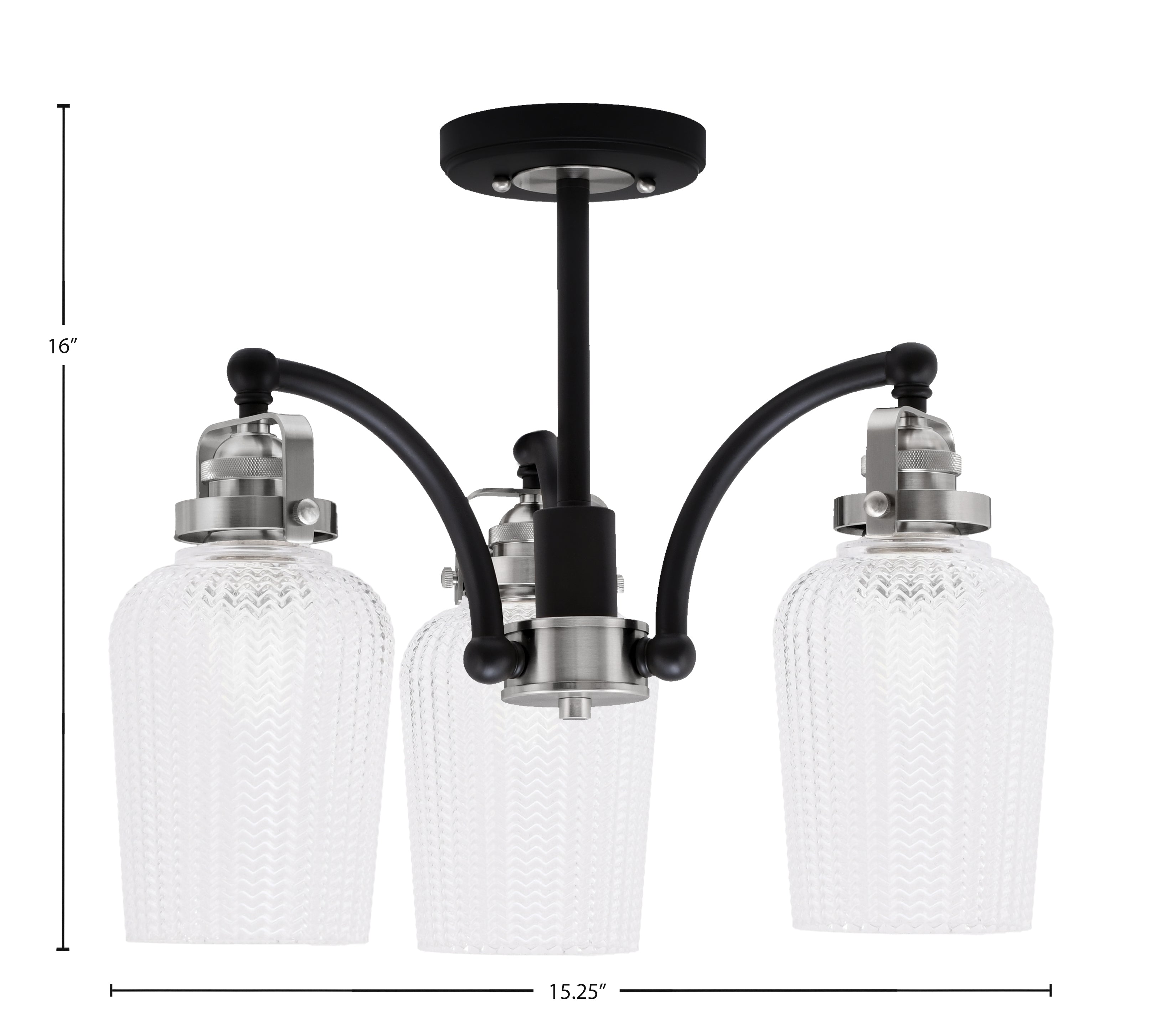 Easton Three Light Semi-Flush Mount in Matte Black & Brushed Nickel with 5" Clear Textured Shade