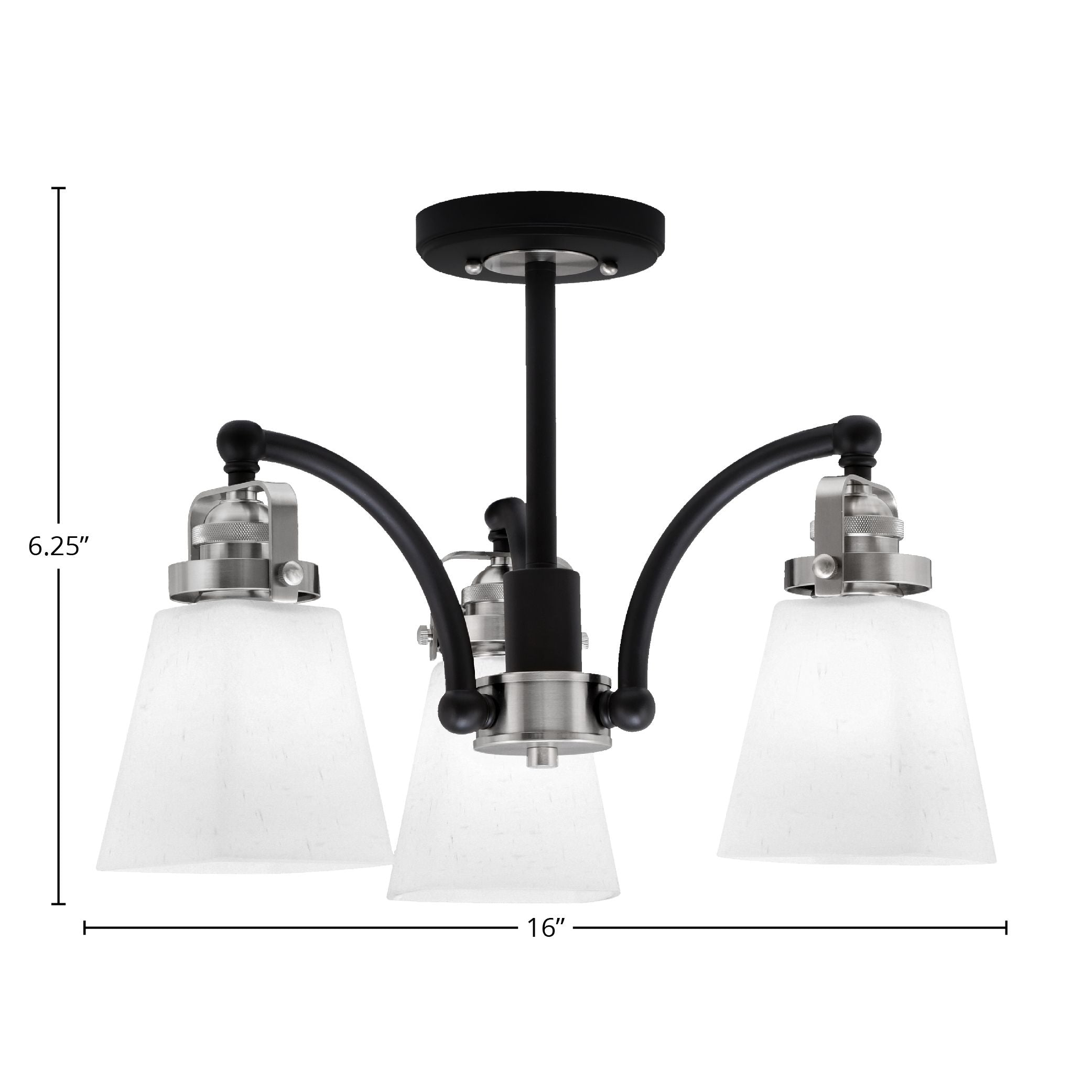 Easton Three Light Semi-Flush Mount in Matte Black & Brushed Nickel with 4.5" Square White Muslin Shade