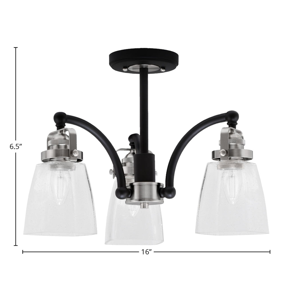 Easton Three Light Semi-Flush Mount in Matte Black & Brushed Nickel with 4.5" Square Clear Bubble Shade