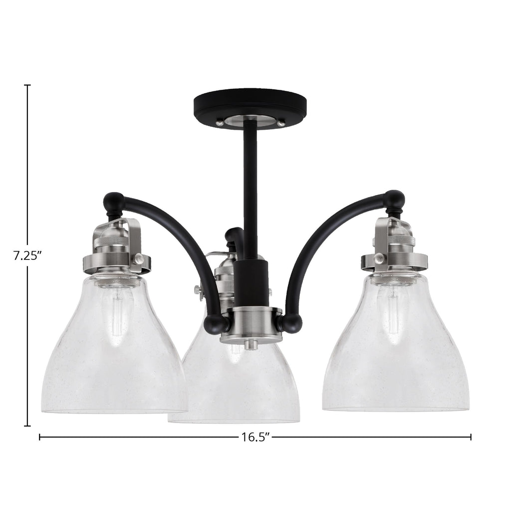 Easton Three Light Semi-Flush Mount in Matte Black & Brushed Nickel with 25" Clear Bubble Shade