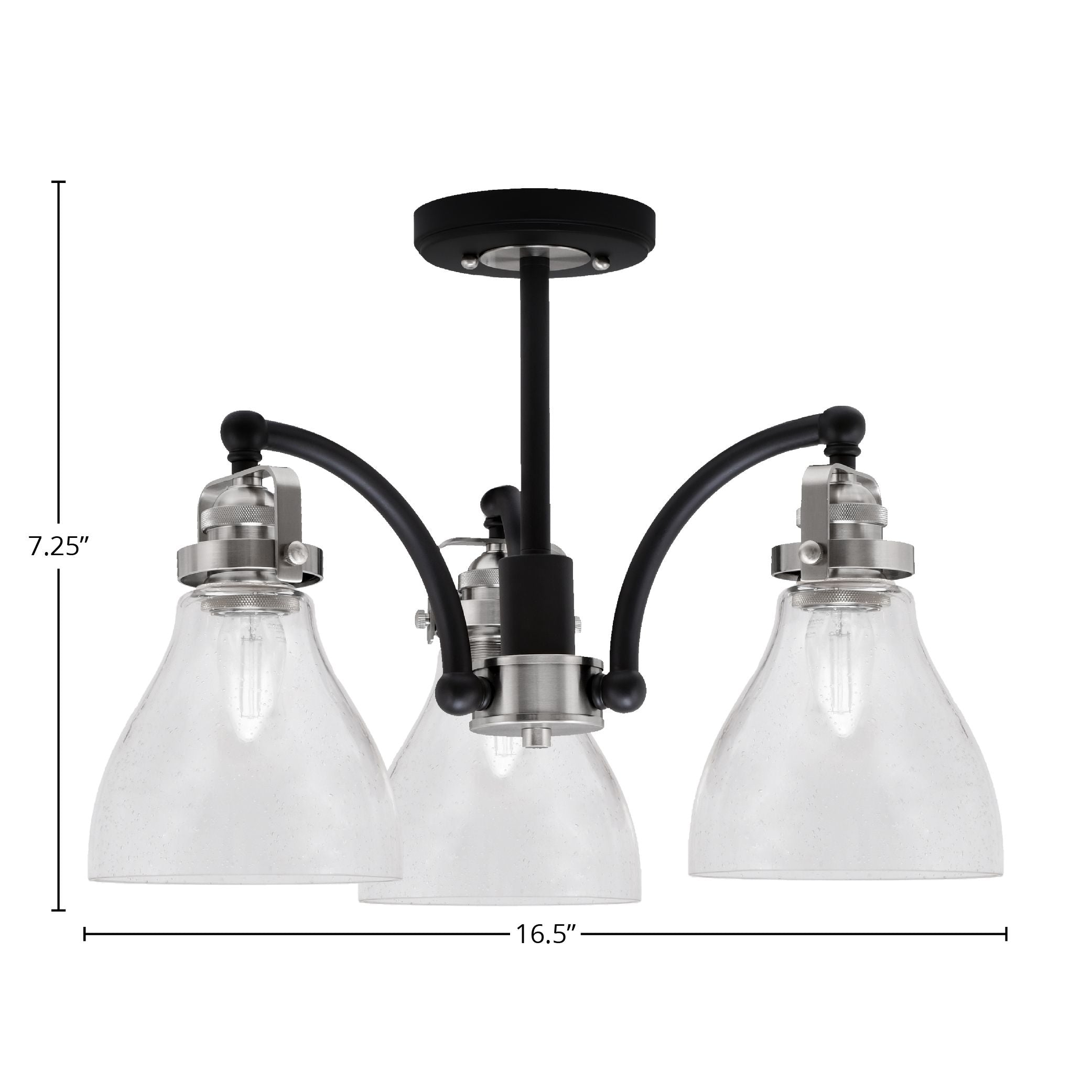 Easton Three Light Semi-Flush Mount in Matte Black & Brushed Nickel with 25" Clear Bubble Shade