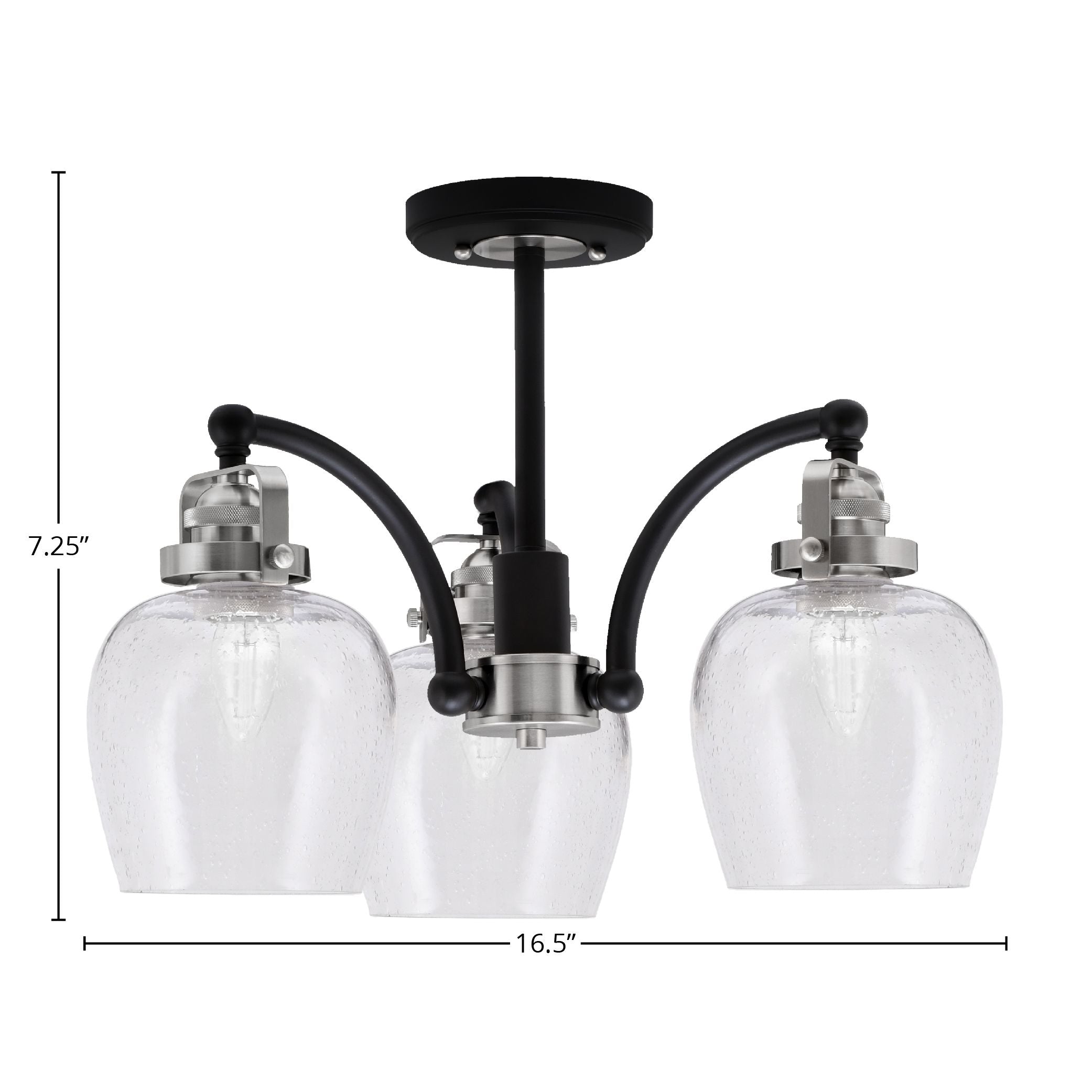 Easton Three Light Semi-Flush Mount in Matte Black & Brushed Nickel with 6" Clear Bubble Shade