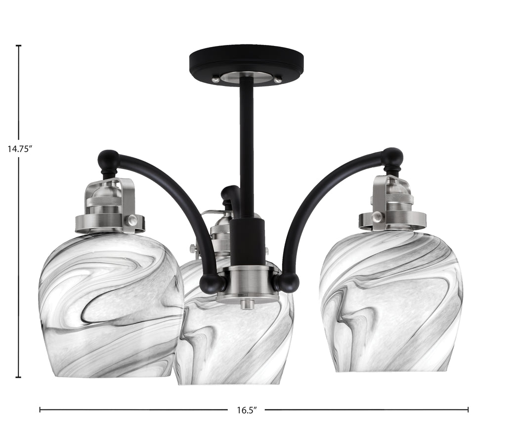 Easton Three Light Semi-Flush Mount in Matte Black & Brushed Nickel with 6" Onyx Swirl Shade
