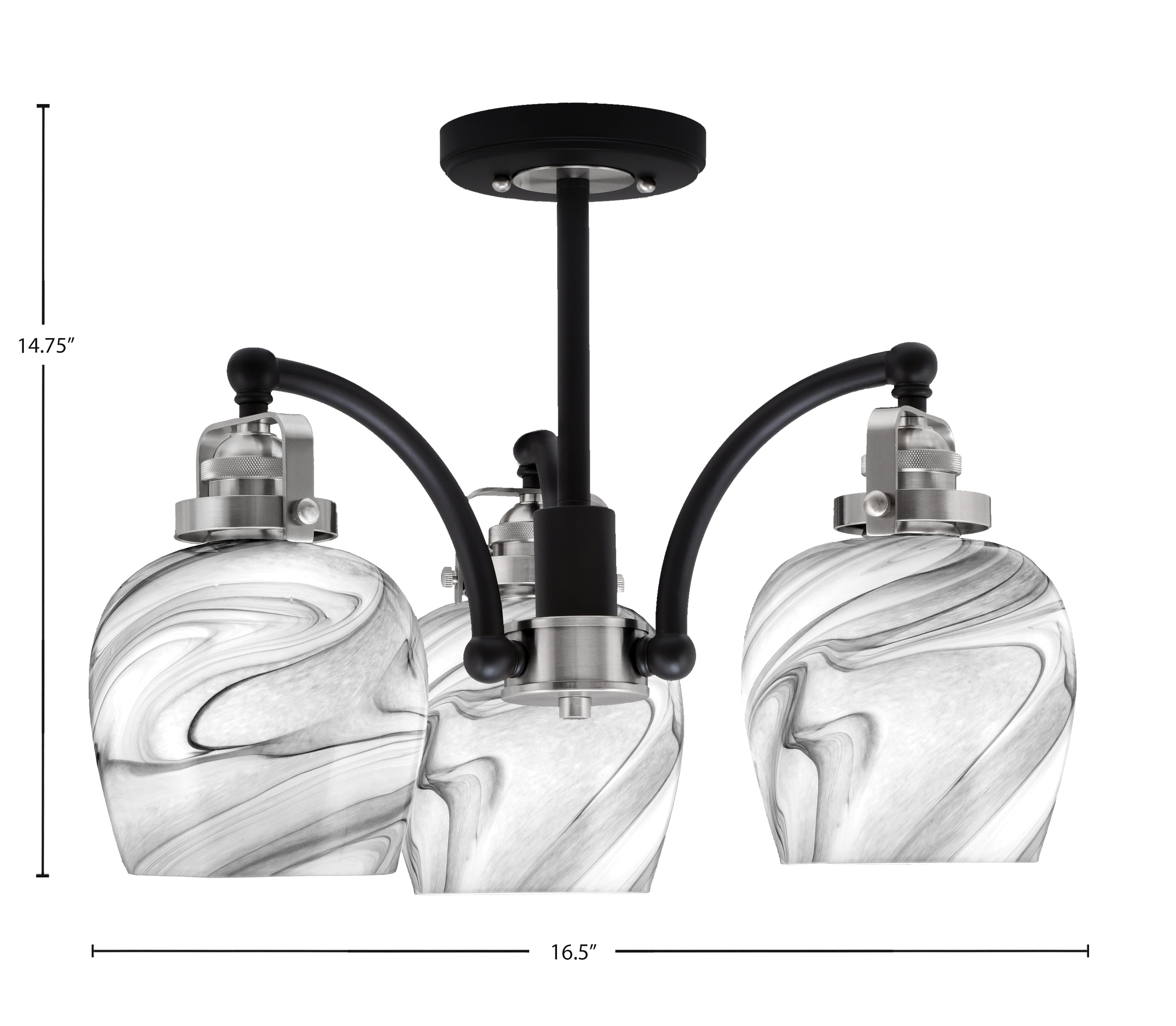 Easton Three Light Semi-Flush Mount in Matte Black & Brushed Nickel with 6" Onyx Swirl Shade