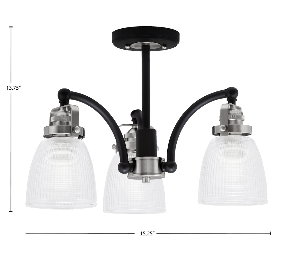 Easton Three Light Semi-Flush Mount in Matte Black & Brushed Nickel with 5" Clear Ribbed Shade