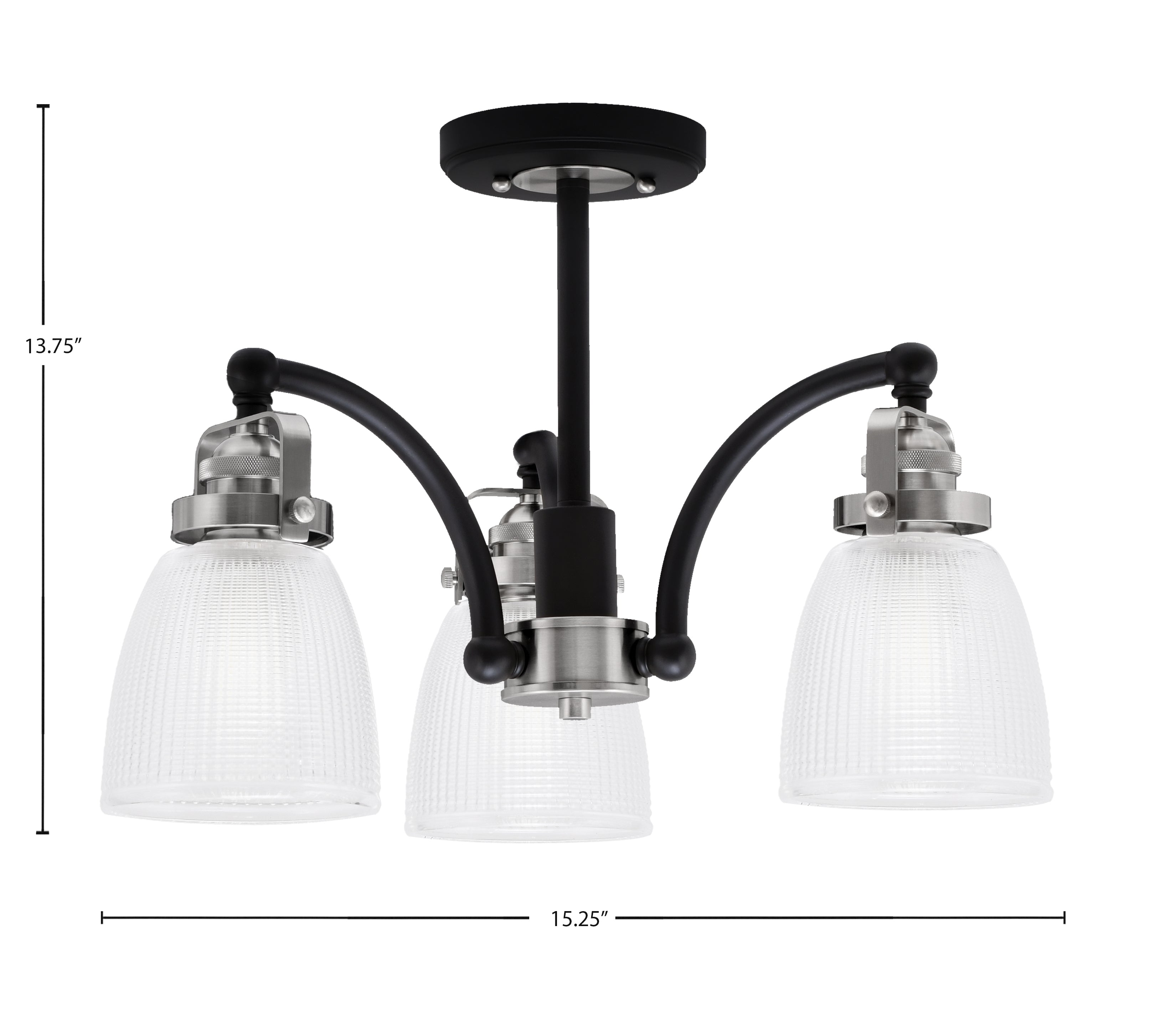 Easton Three Light Semi-Flush Mount in Matte Black & Brushed Nickel with 5" Clear Ribbed Shade