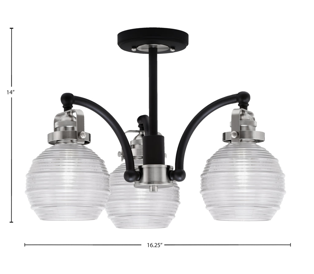 Easton Three Light Semi-Flush Mount in Matte Black & Brushed Nickel with 6" Clear Ribbed Shade