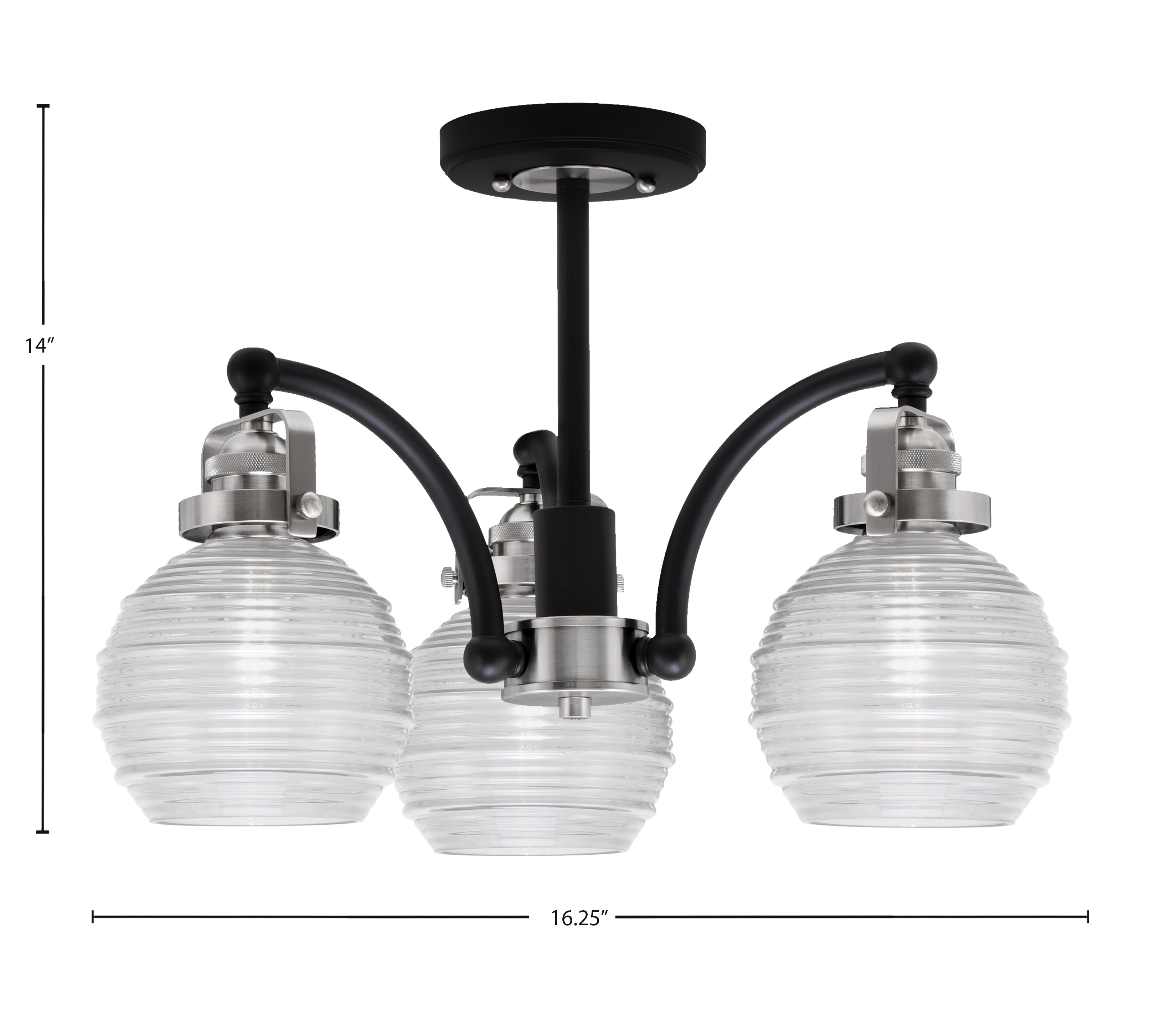 Easton Three Light Semi-Flush Mount in Matte Black & Brushed Nickel with 6" Clear Ribbed Shade