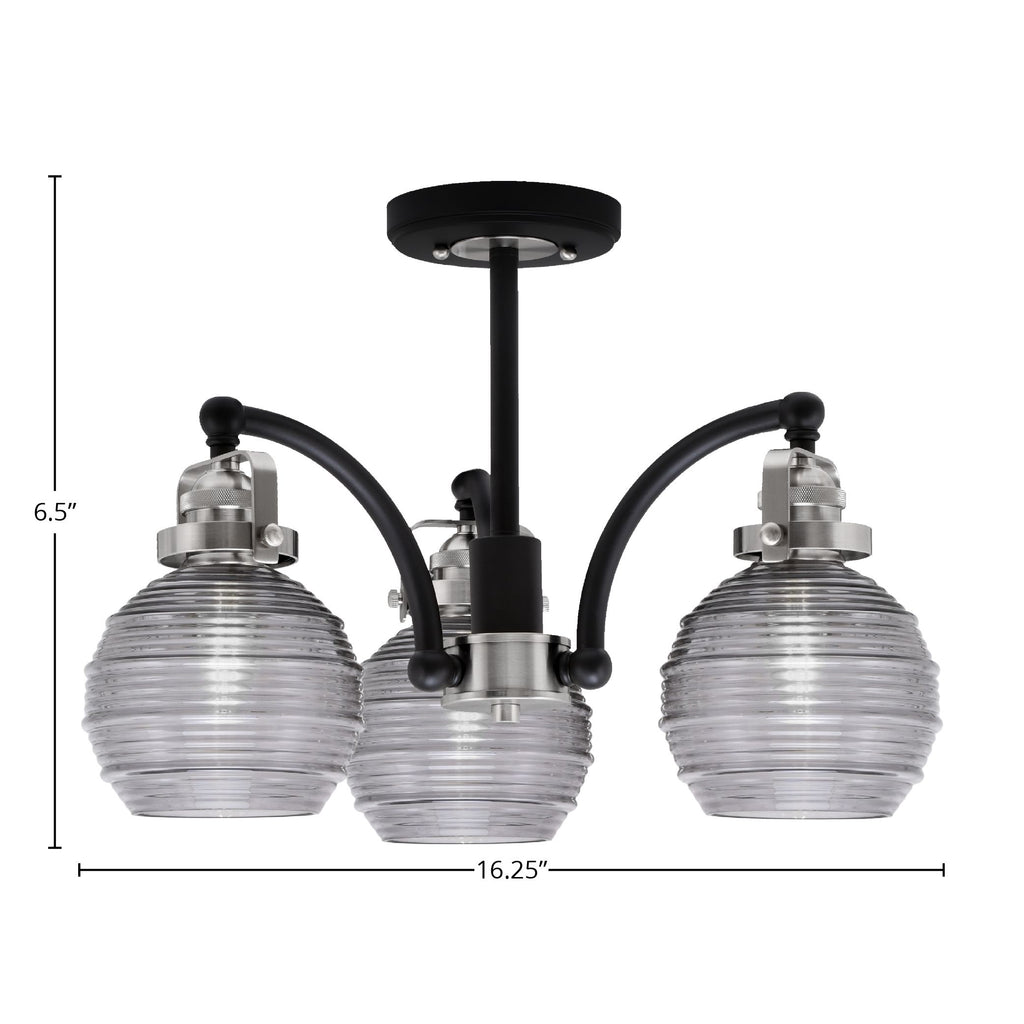 Easton Three Light Semi-Flush Mount in Matte Black & Brushed Nickel with 6" Smoke Ribbed Shade