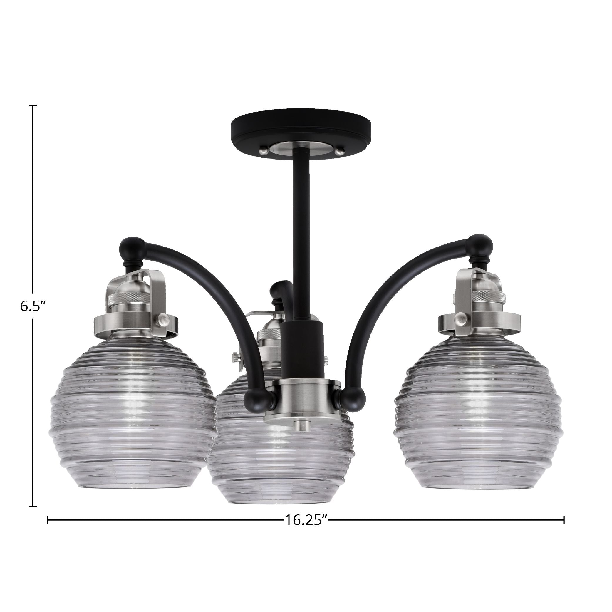 Easton Three Light Semi-Flush Mount in Matte Black & Brushed Nickel with 6" Smoke Ribbed Shade