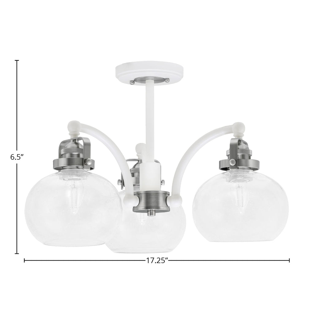 Easton Three Light Semi-Flush Mount in White & Brushed Nickel with 7" Clear Bubble Shade