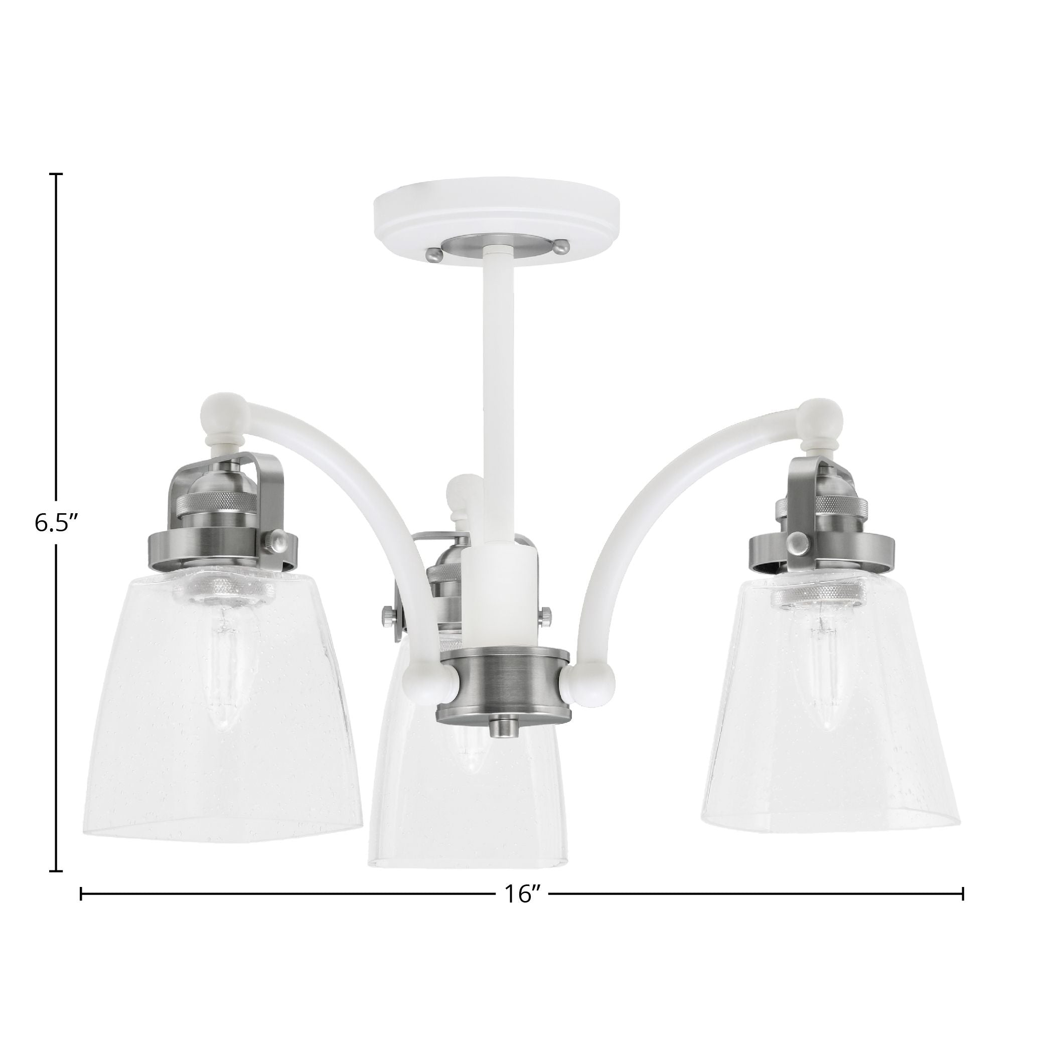 Easton Three Light Semi-Flush Mount in White & Brushed Nickel with 4.5" Square Clear Bubble Shade