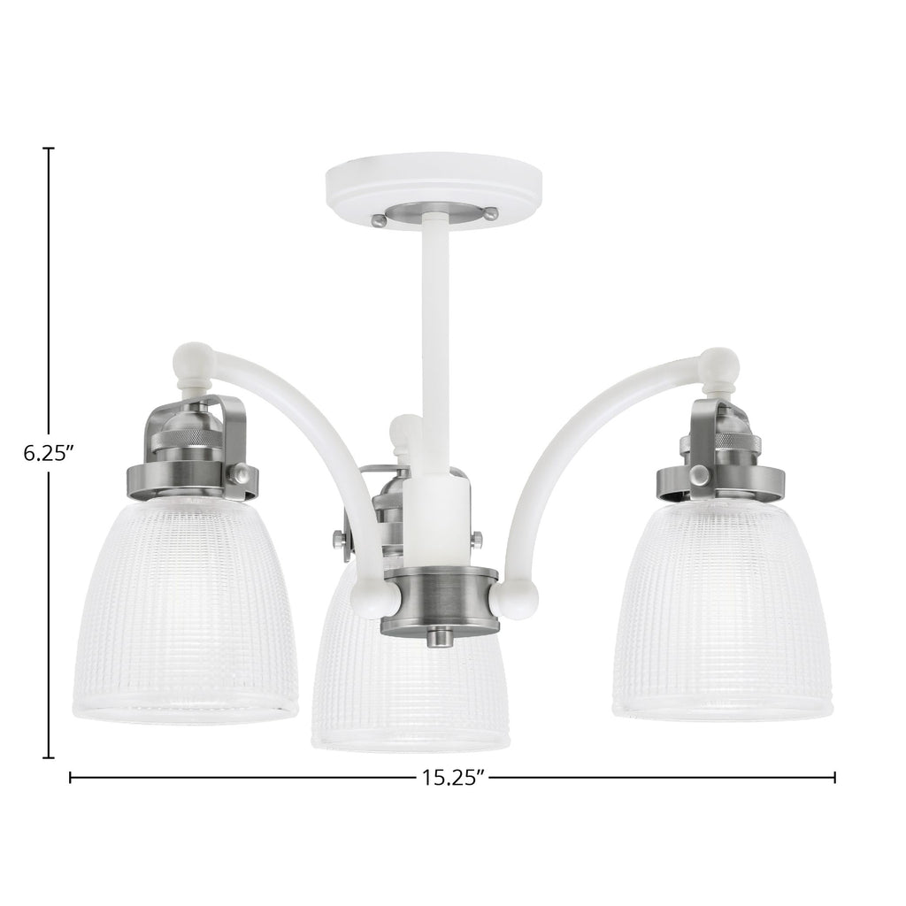 Easton Three Light Semi-Flush Mount in White & Brushed Nickel with 5" Clear Ribbed Shade