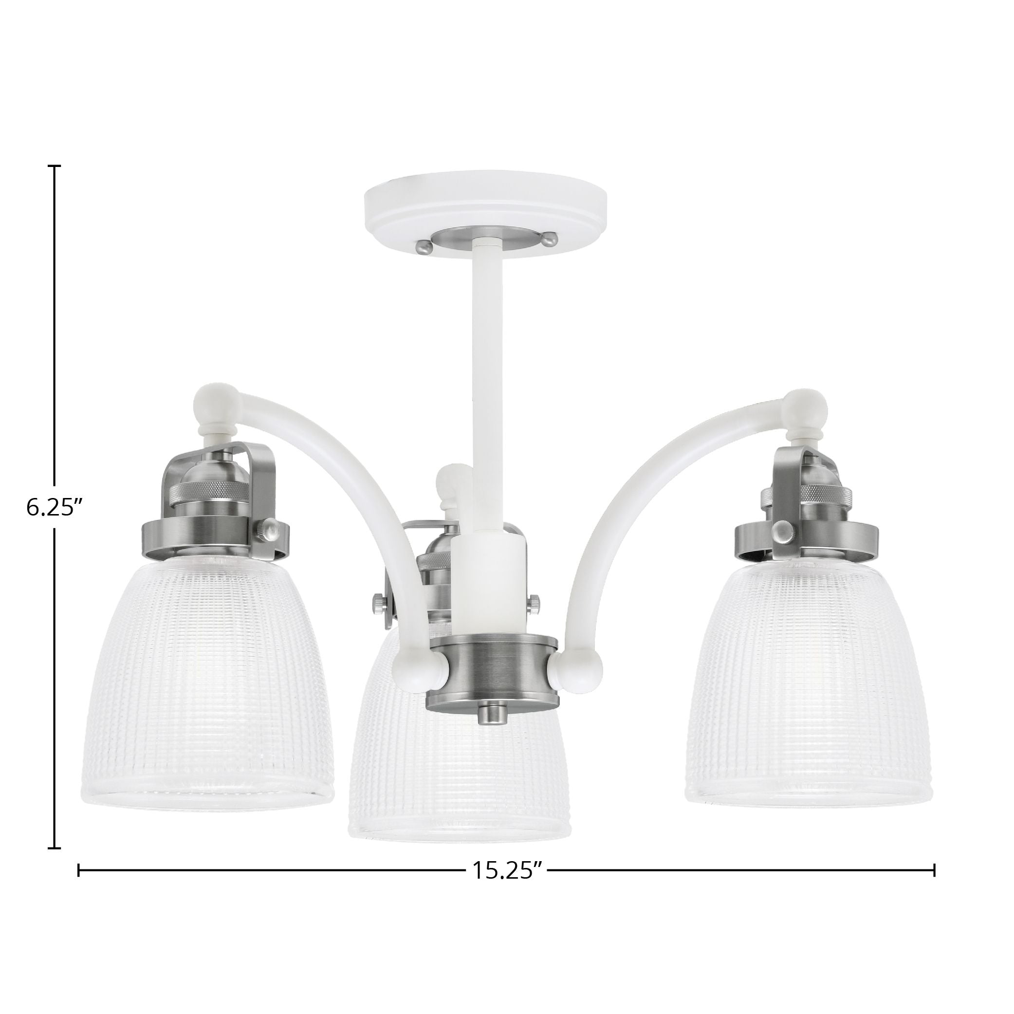 Easton Three Light Semi-Flush Mount in White & Brushed Nickel with 5" Clear Ribbed Shade