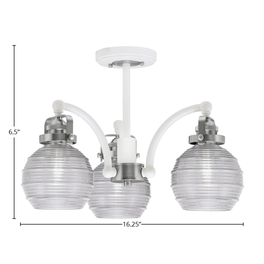 Easton Three Light Semi-Flush Mount in White & Brushed Nickel with 6" Clear Ribbed Shade
