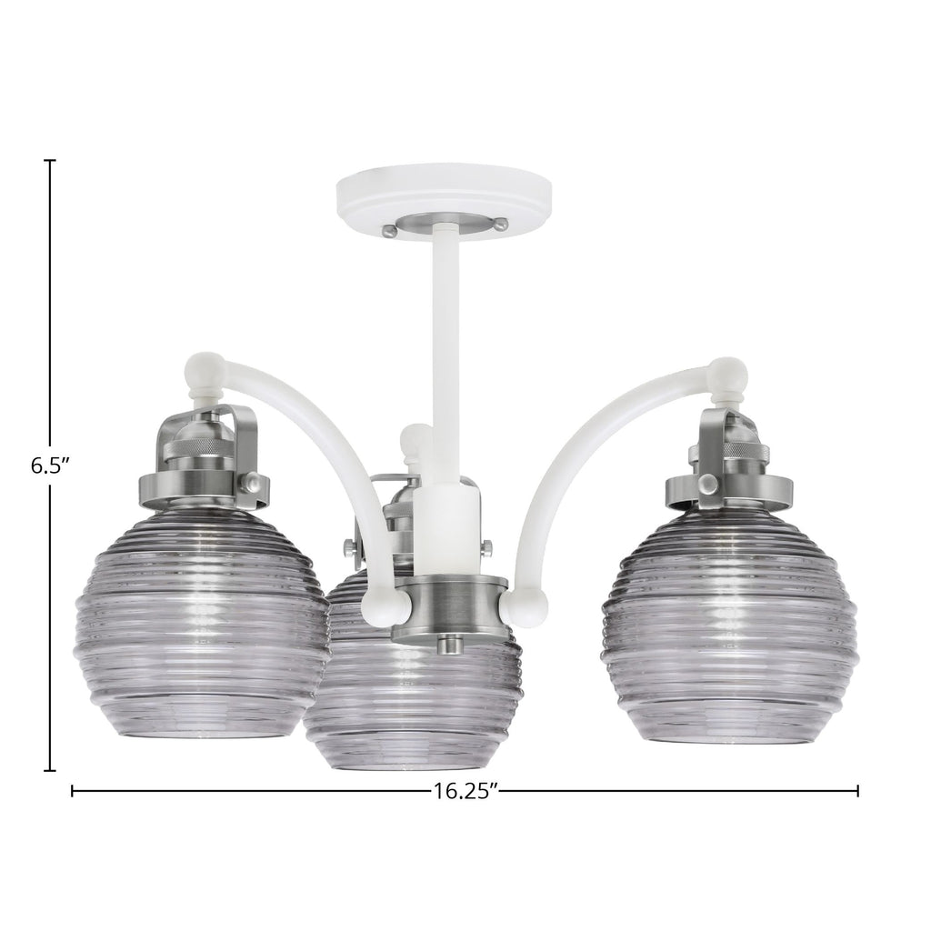 Easton Three Light Semi-Flush Mount in White & Brushed Nickel with 6" Smoke Ribbed Shade