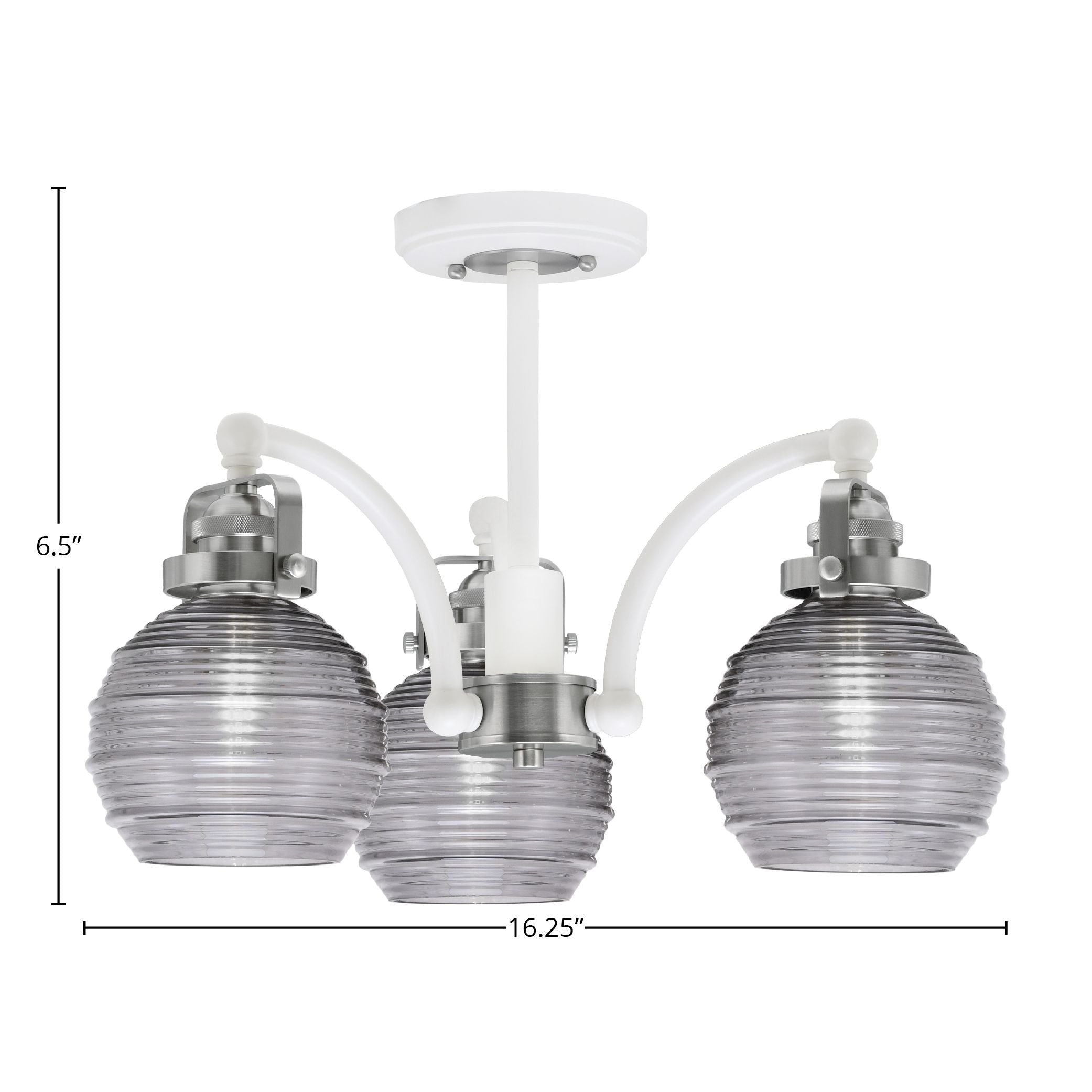 Easton Three Light Semi-Flush Mount in White & Brushed Nickel with 6" Smoke Ribbed Shade