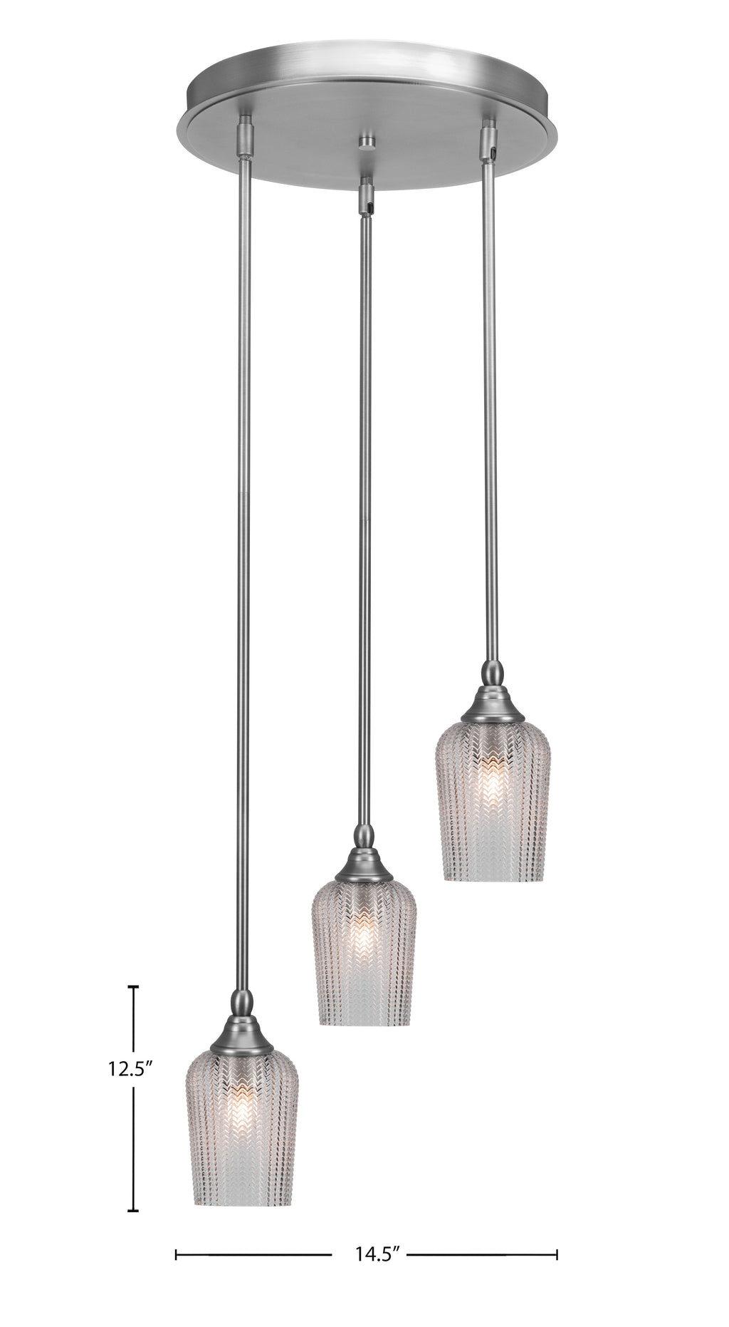 Empire Three Light Cluster Pendalier in Brushed Nickel with 5" Clear Textured Shade