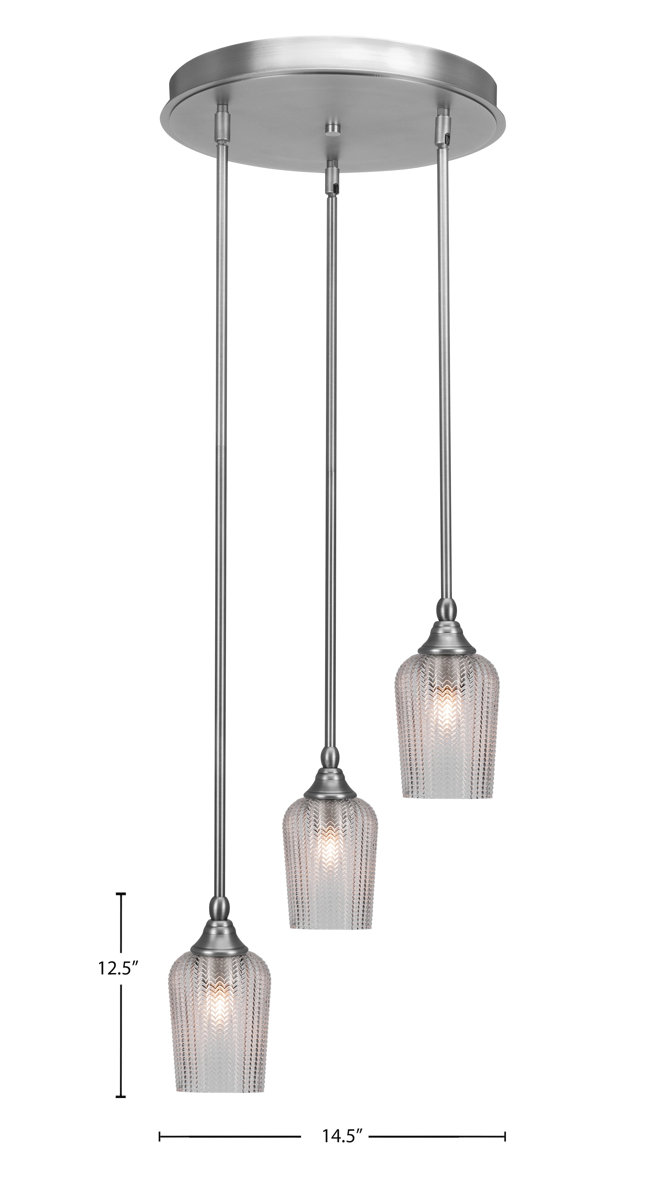 Empire Three Light Cluster Pendalier in Brushed Nickel with 5" Clear Textured Shade