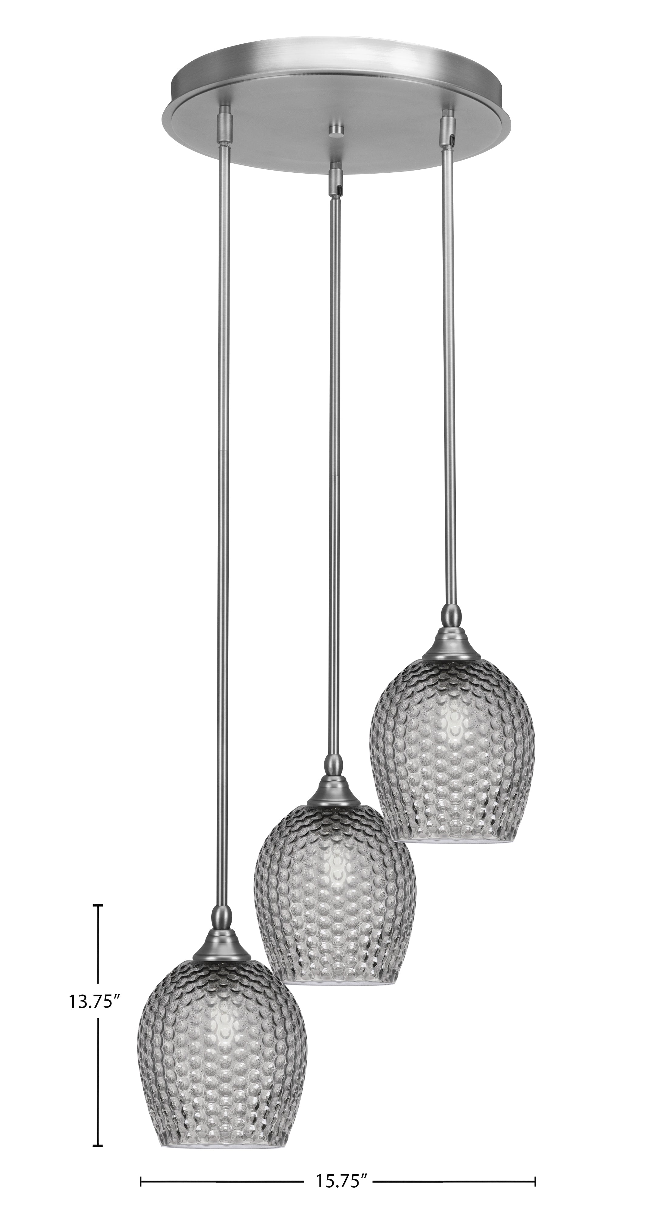 Empire Three Light Cluster Pendalier in Brushed Nickel with 7.5" Smoke Textured Shade