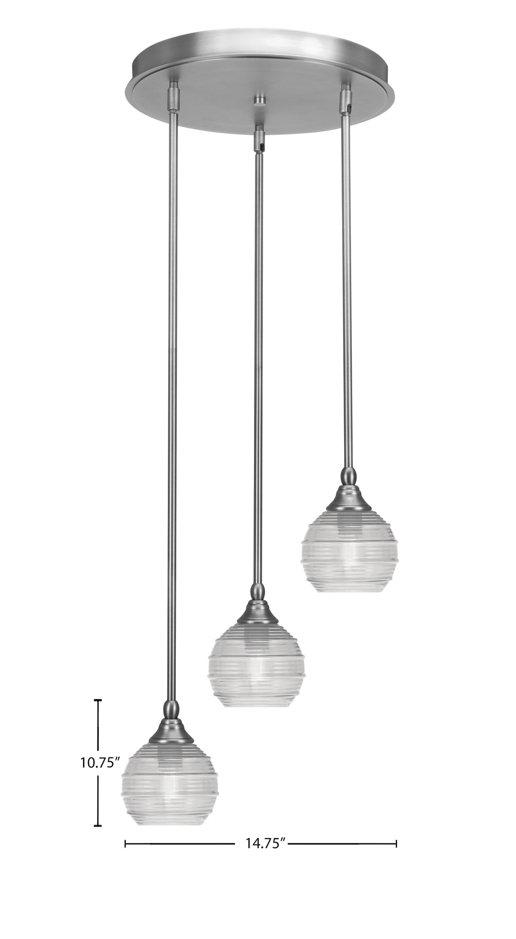 Empire Three Light Cluster Pendalier in Brushed Nickel with 6" Clear Ribbed Shade
