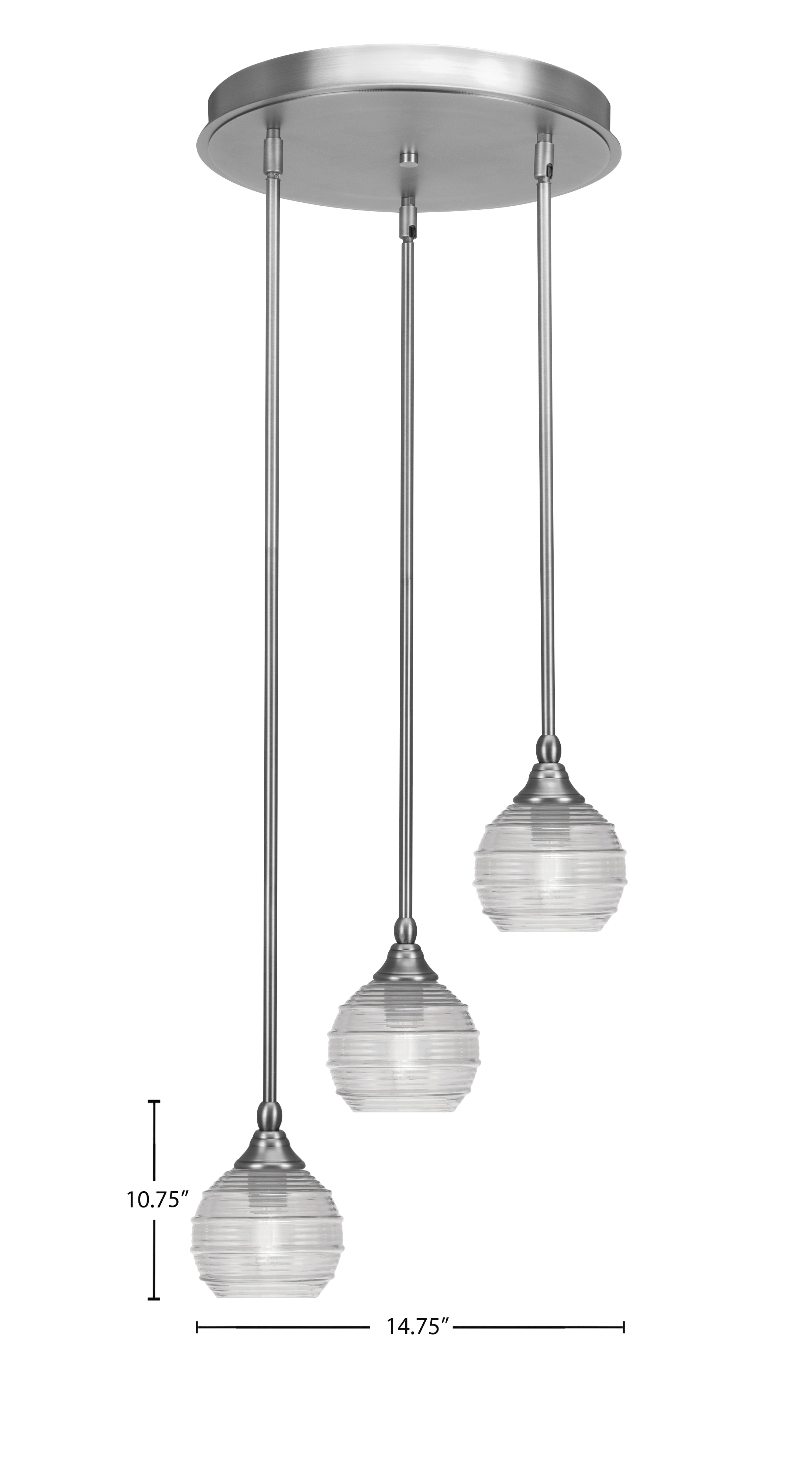Empire Three Light Cluster Pendalier in Brushed Nickel with 6" Clear Ribbed Shade