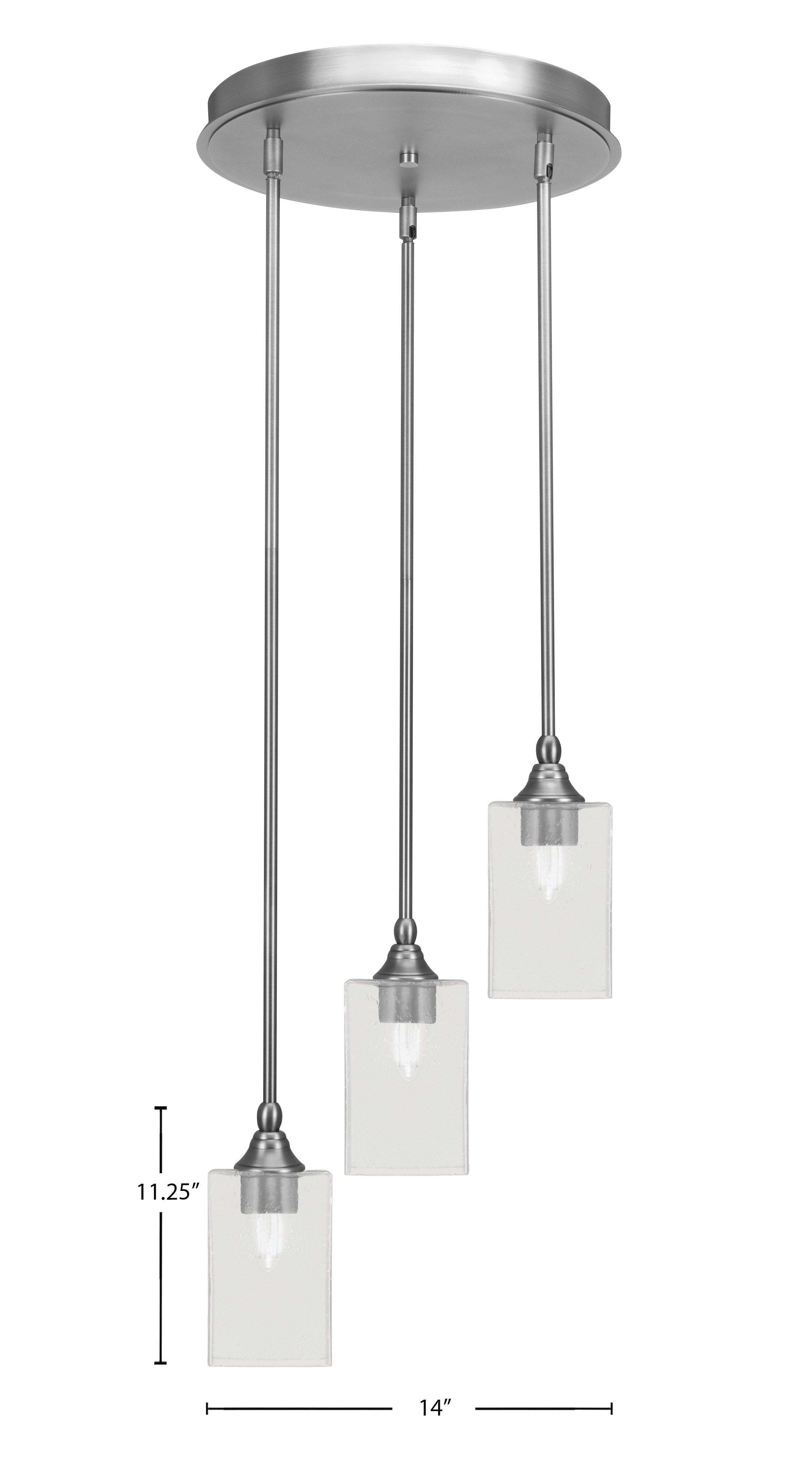 Empire Three Light Cluster Pendalier in Brushed Nickel with 4" Square Clear Bubble Shade