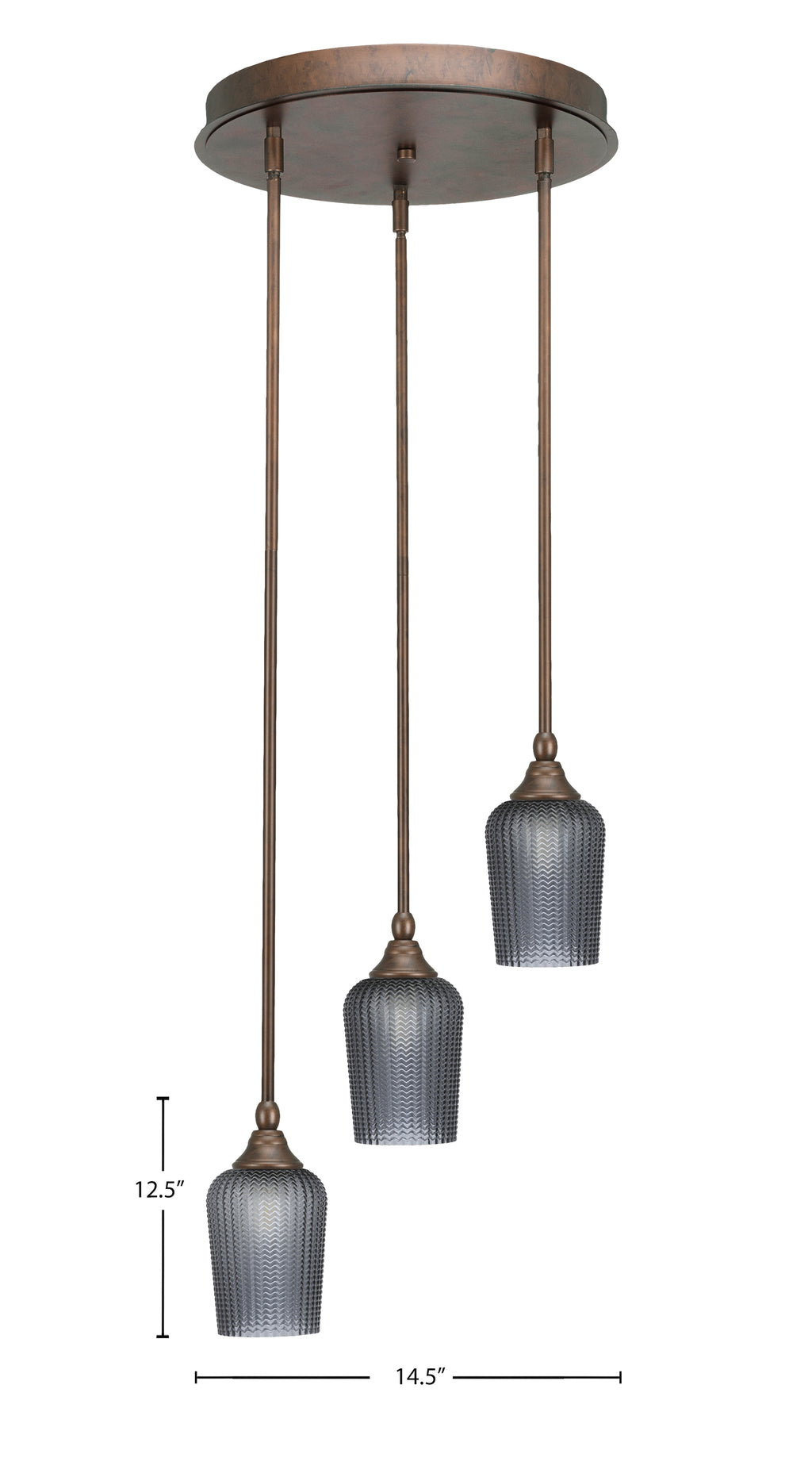 Empire Three Light Cluster Pendalier in Bronze with 5" Smoke Textured Shade