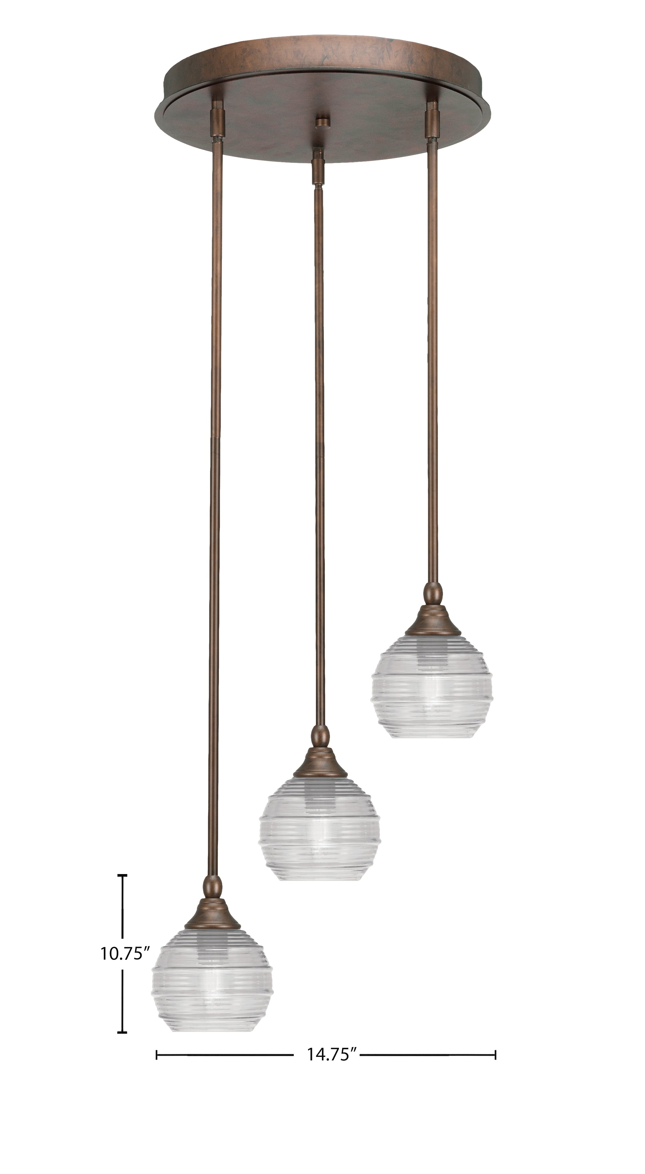 Empire Three Light Cluster Pendalier in Bronze with 6" Clear Ribbed Shade