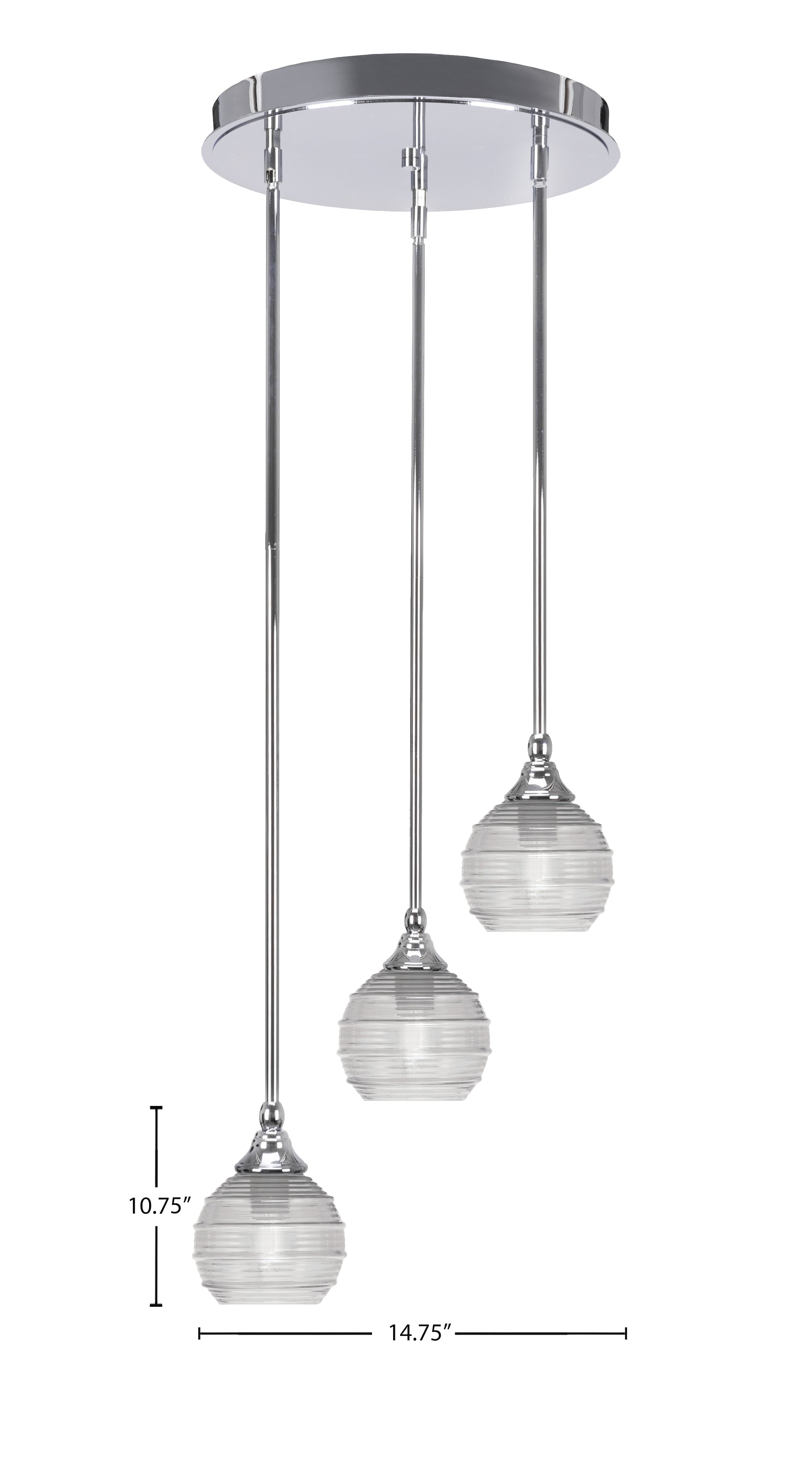 Empire Three Light Cluster Pendalier in Chrome with 6" Clear Ribbed Shade
