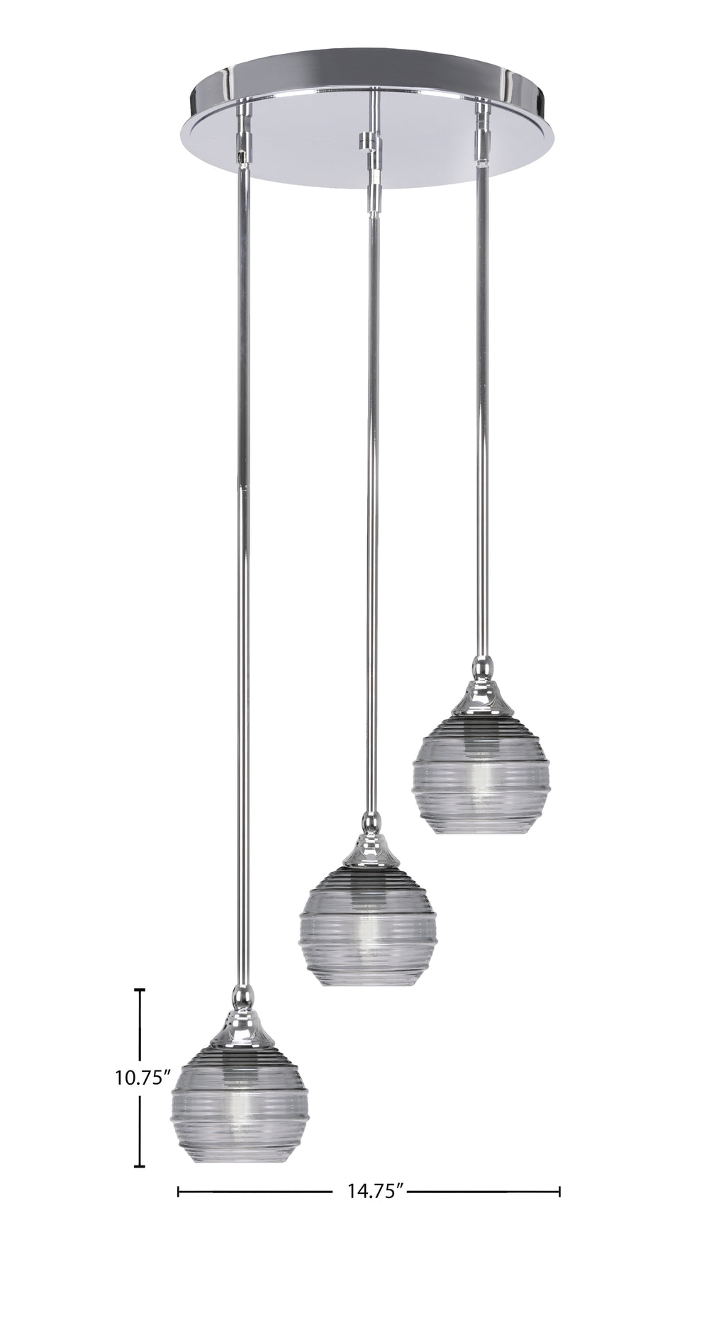 Empire Three Light Cluster Pendalier in Chrome with 6" Smoke Ribbed Shade