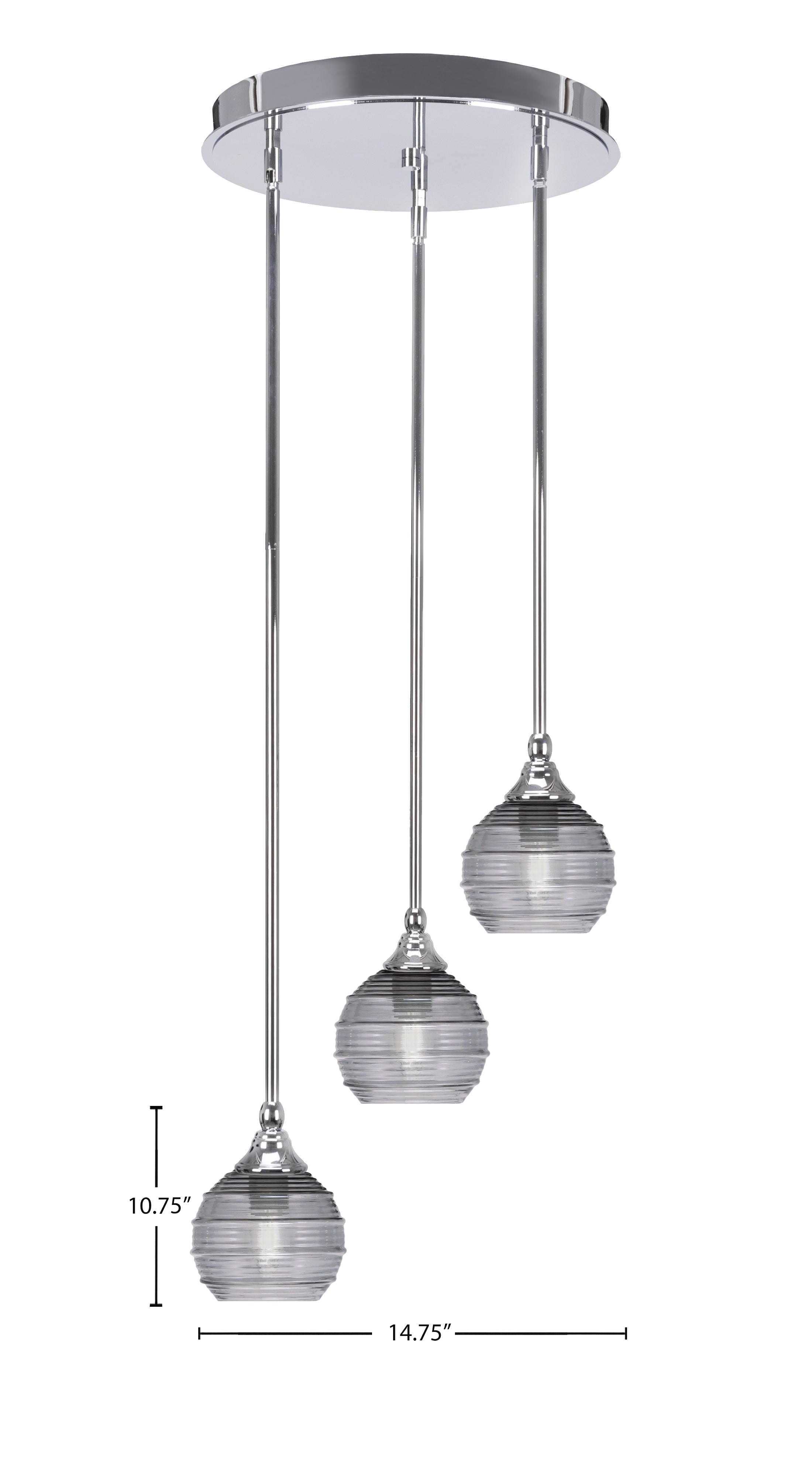 Empire Three Light Cluster Pendalier in Chrome with 6" Smoke Ribbed Shade