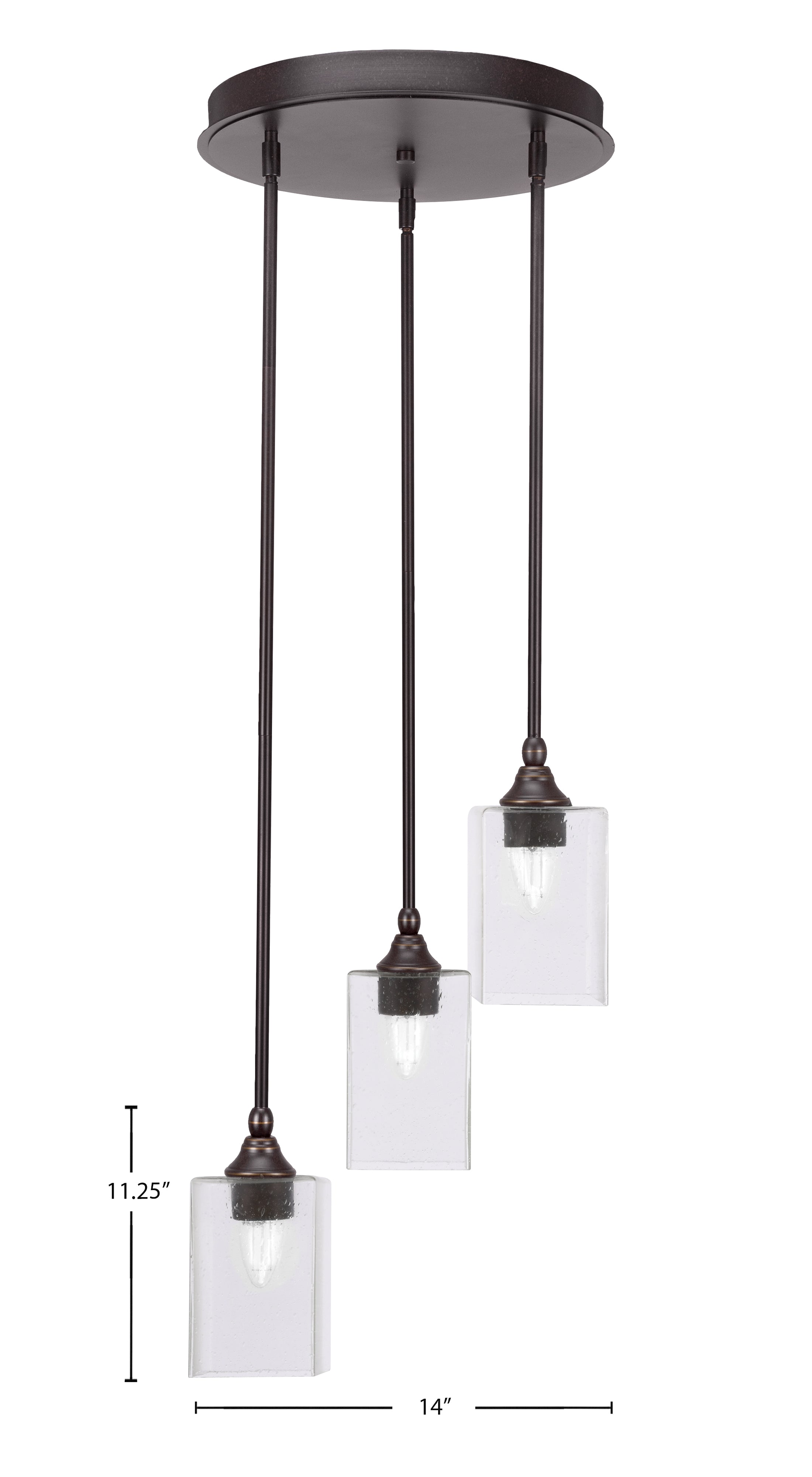 Empire Three Light Cluster Pendalier in Dark Granite with 4" Square Clear Bubble Shade