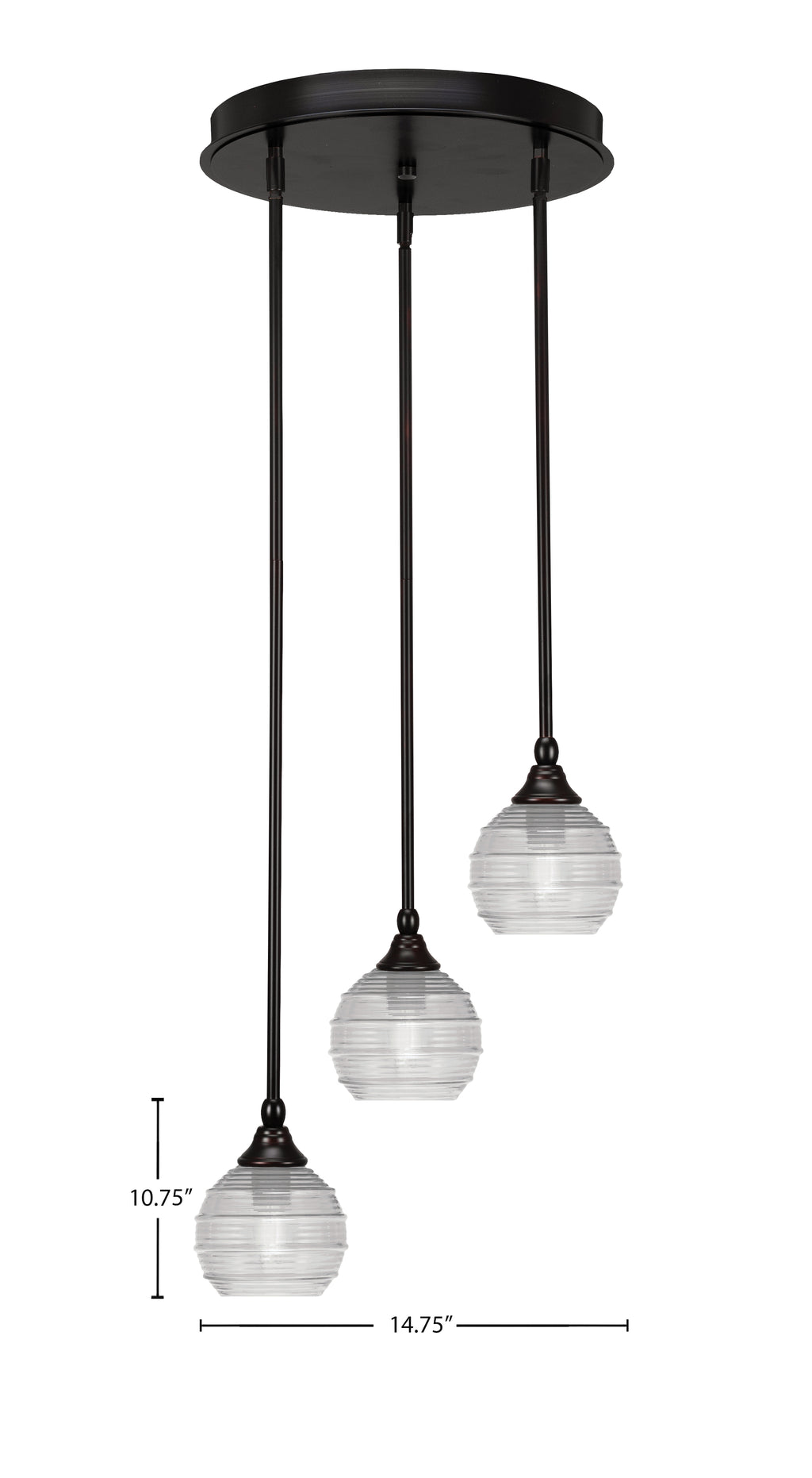 Empire Three Light Cluster Pendalier in Espresso with 6" Clear Ribbed Shade