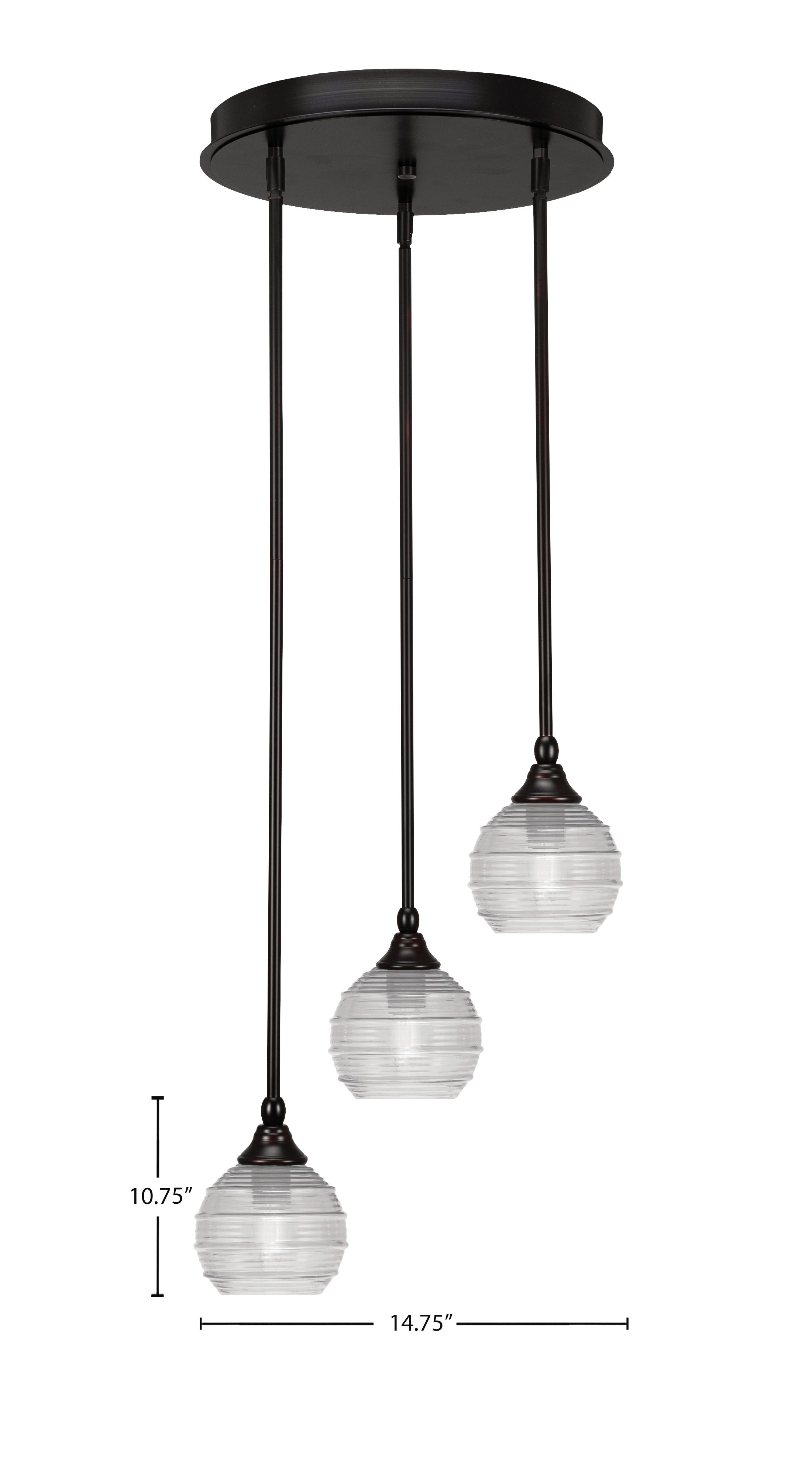 Empire Three Light Cluster Pendalier in Espresso with 6" Clear Ribbed Shade