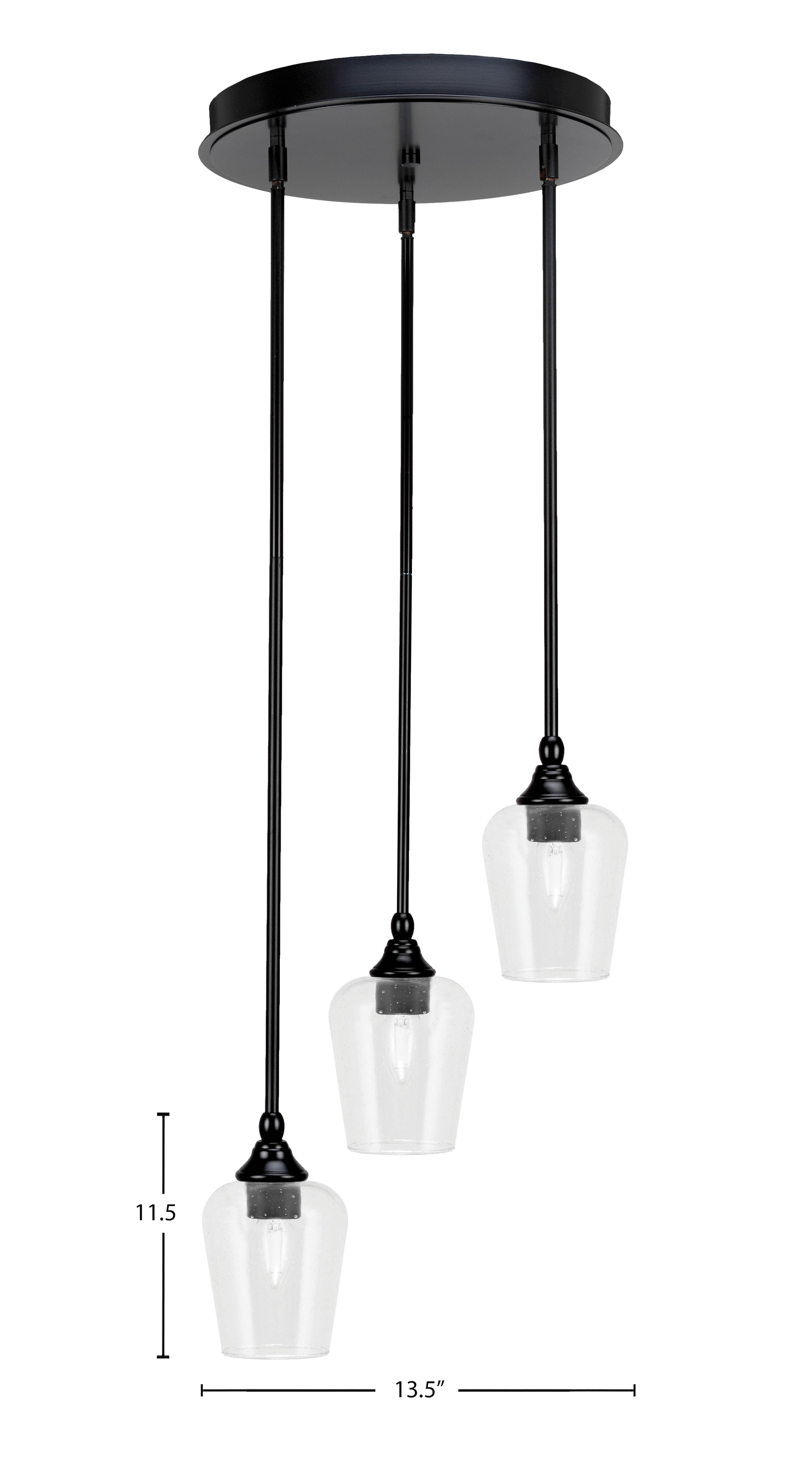 Empire Three Light Cluster Pendalier in Matte Black with 5" Clear Bubble Shade