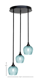Empire Three Light Pendalier in Matte Black with Turquoise Textured Shade