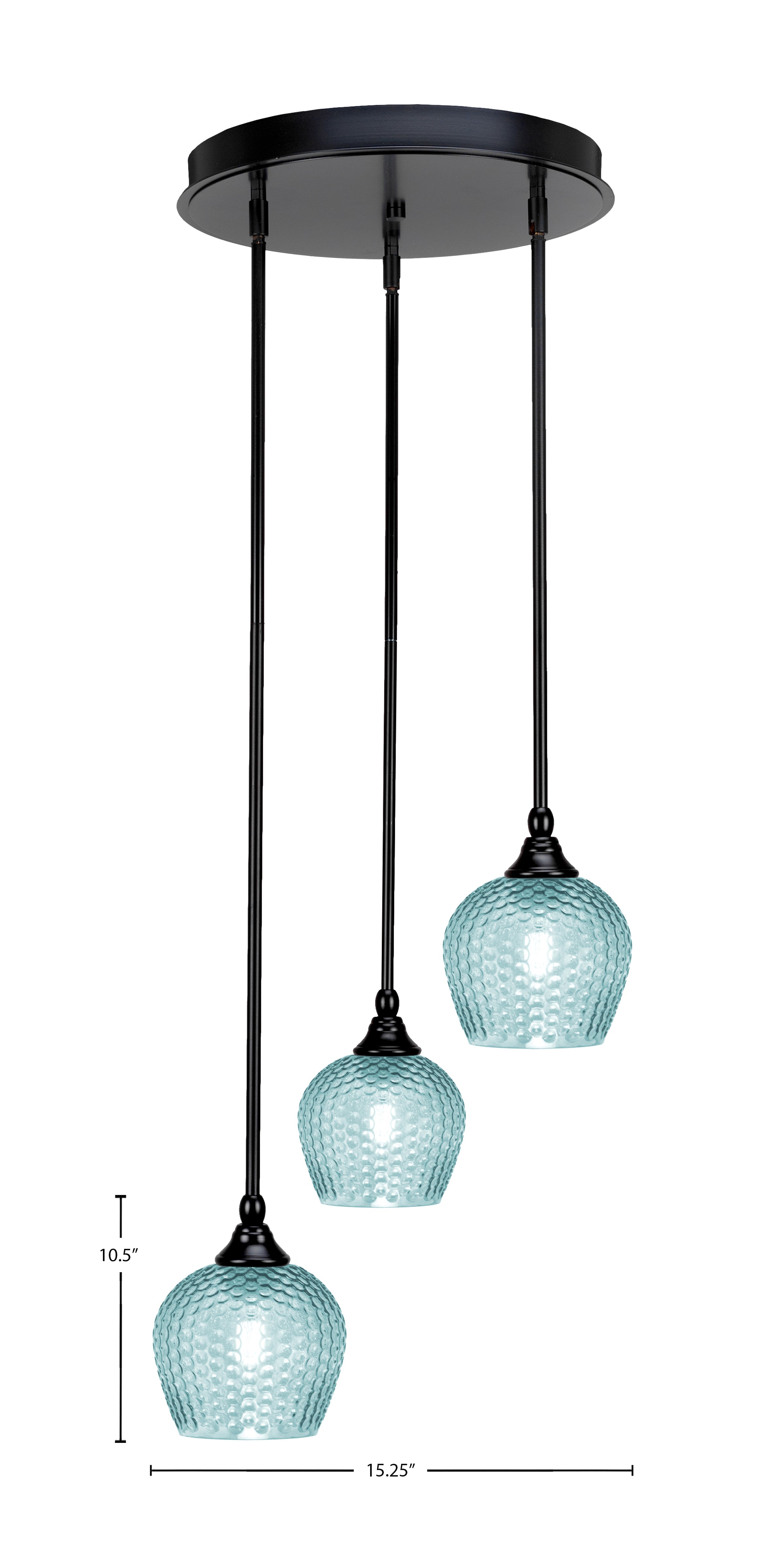 Empire Three Light Pendalier in Matte Black with Turquoise Textured Shade
