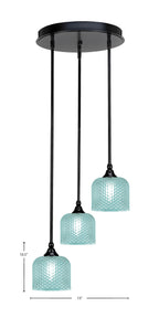 Empire Three Light Pendalier in Matte Black with Turquoise Textured Shade