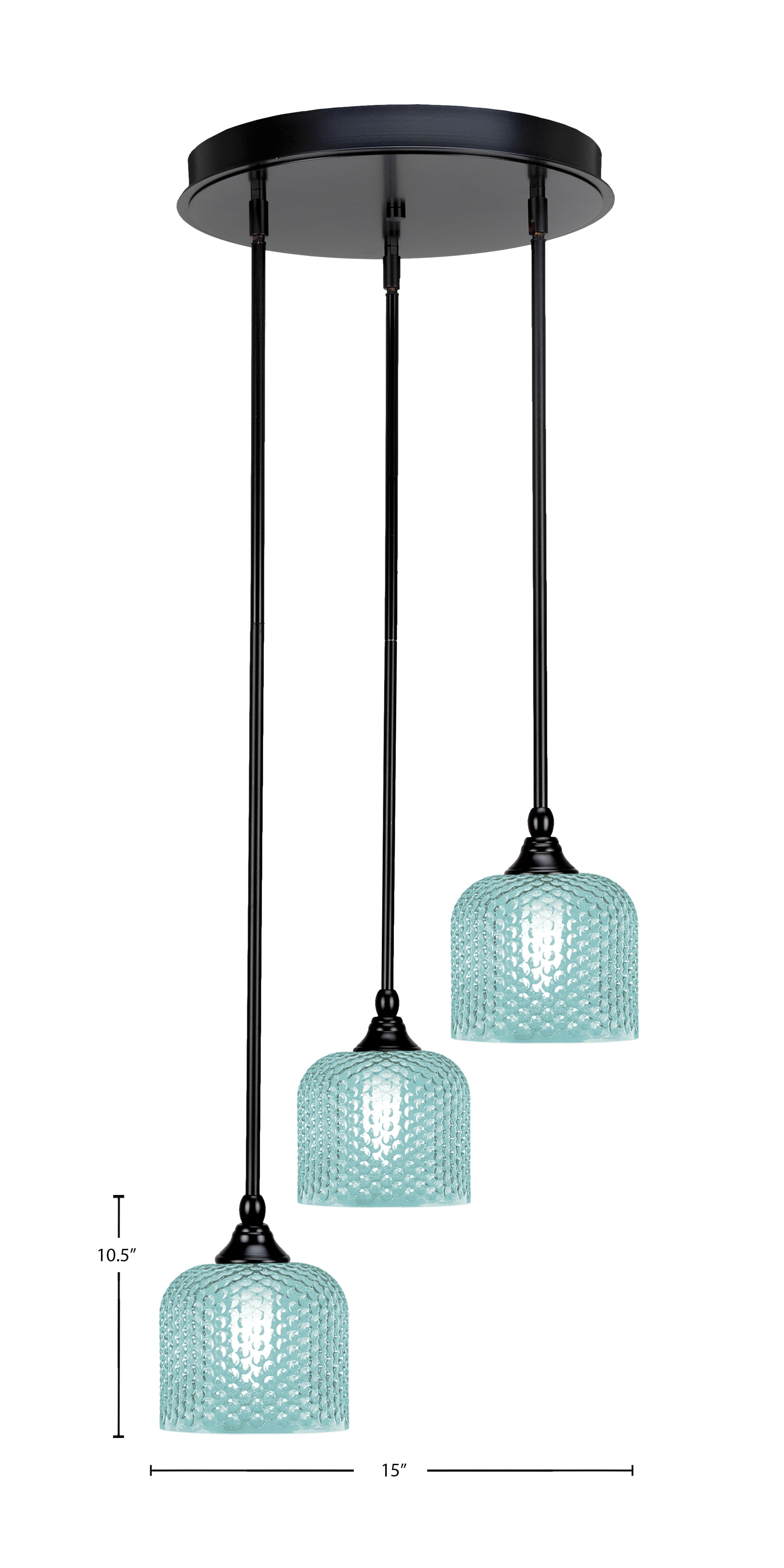 Empire Three Light Pendalier in Matte Black with Turquoise Textured Shade