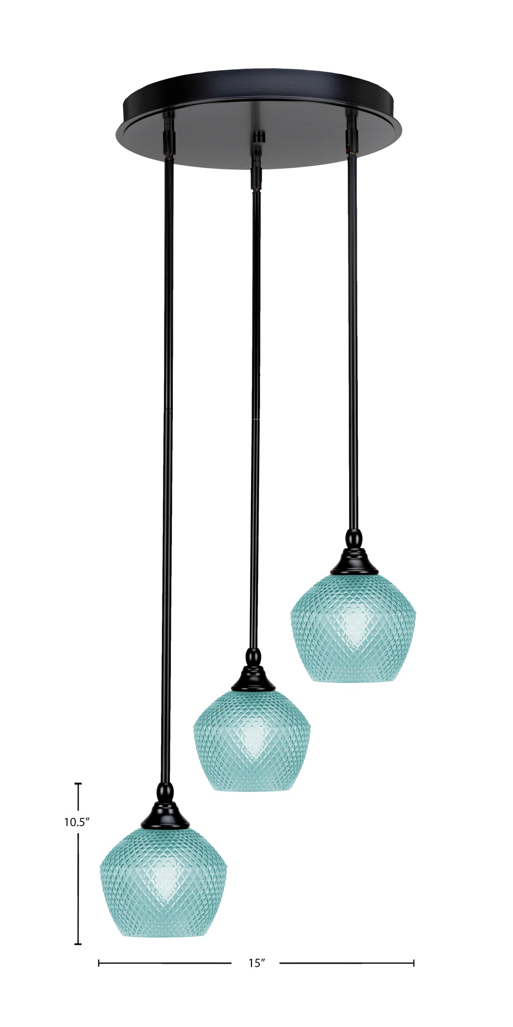 Empire Three Light Pendalier in Matte Black with Turquoise Textured Shade